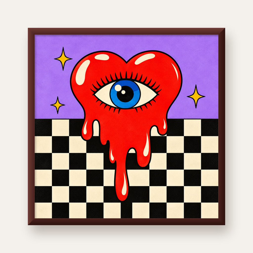 Eriyen Kalp ve Göz Dijital Pop-Art Poster - Renkli Sanat Baskısı — ceviz çerçeveli
