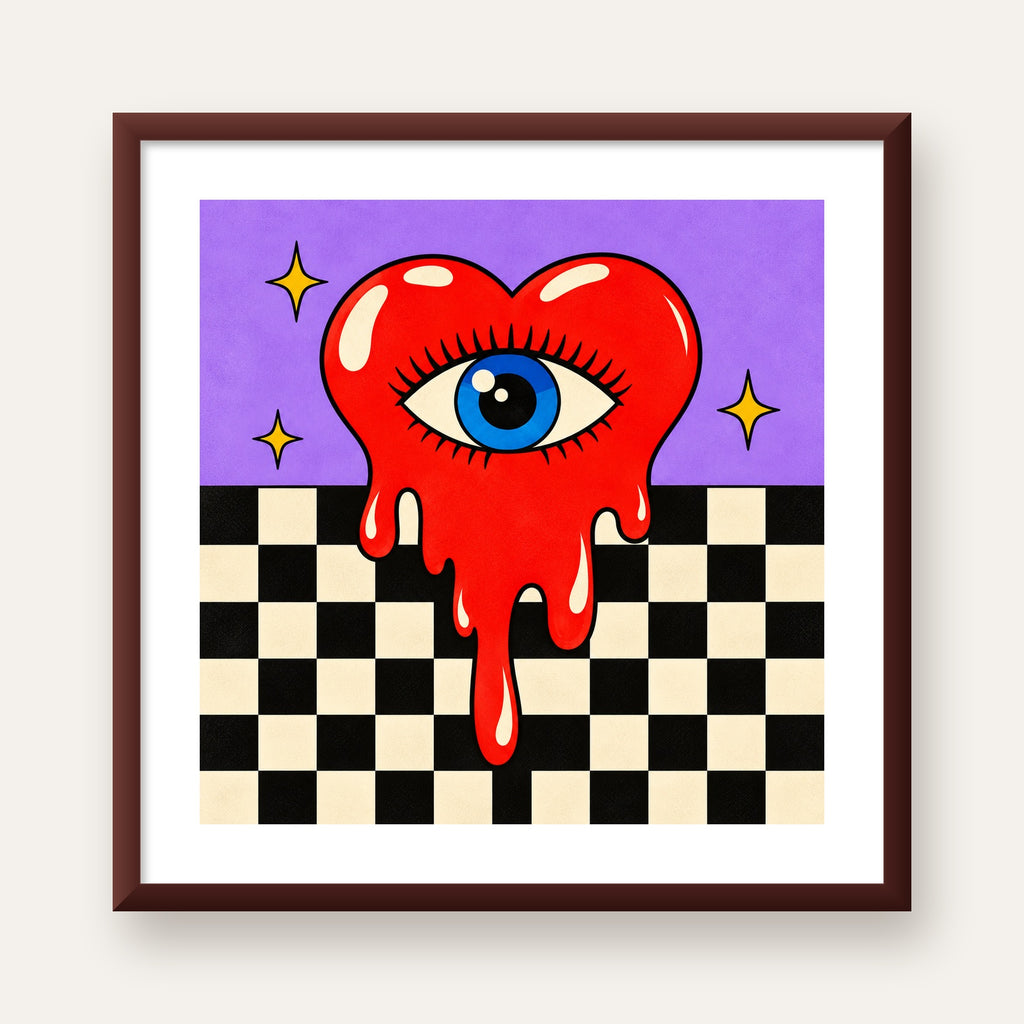 Eriyen Kalp ve Göz Dijital Pop-Art Poster - Renkli Sanat Baskısı — ceviz çerçeveli paspartulu
