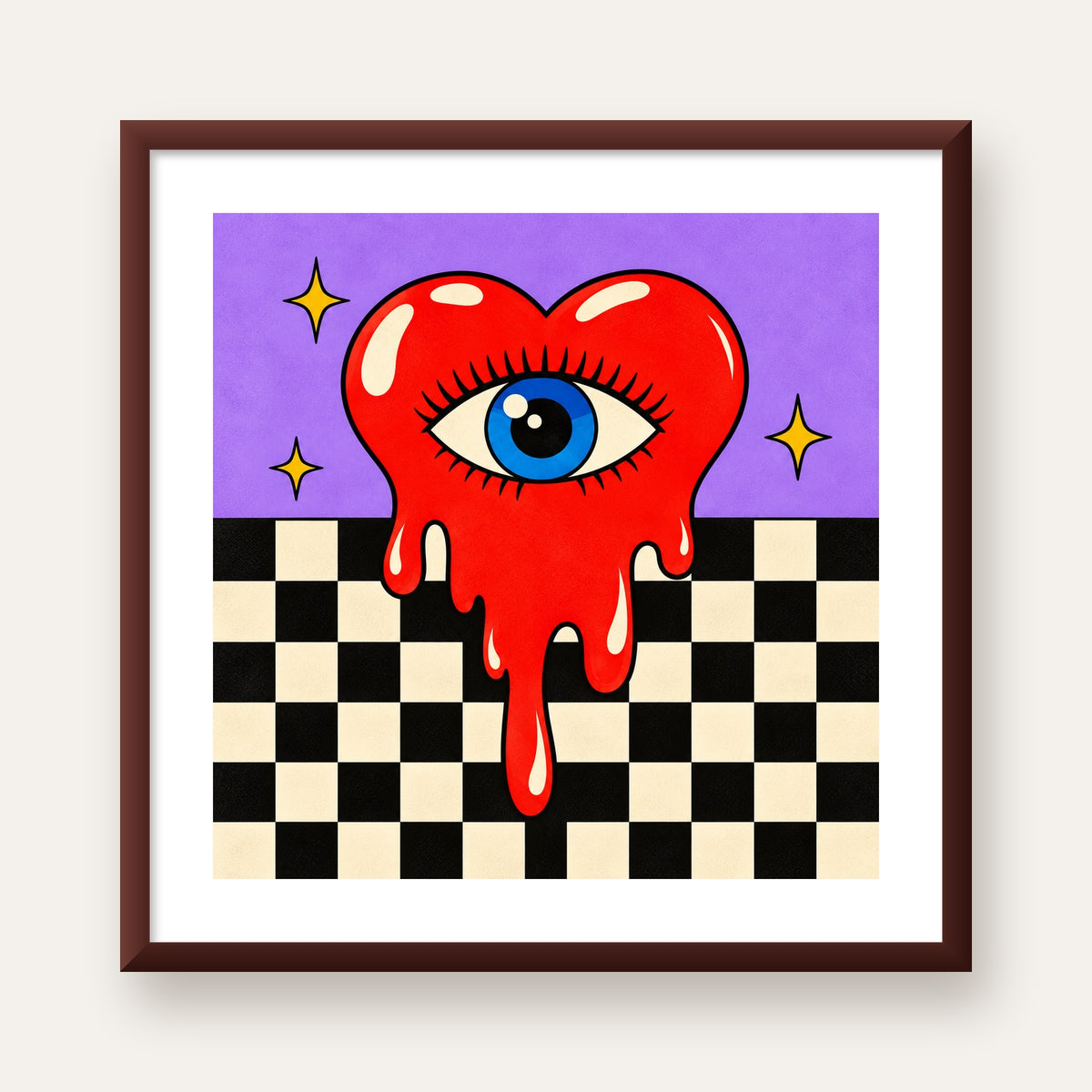 Eriyen Kalp ve Göz Dijital Pop-Art Poster - Renkli Sanat Baskısı — ceviz çerçeveli paspartulu