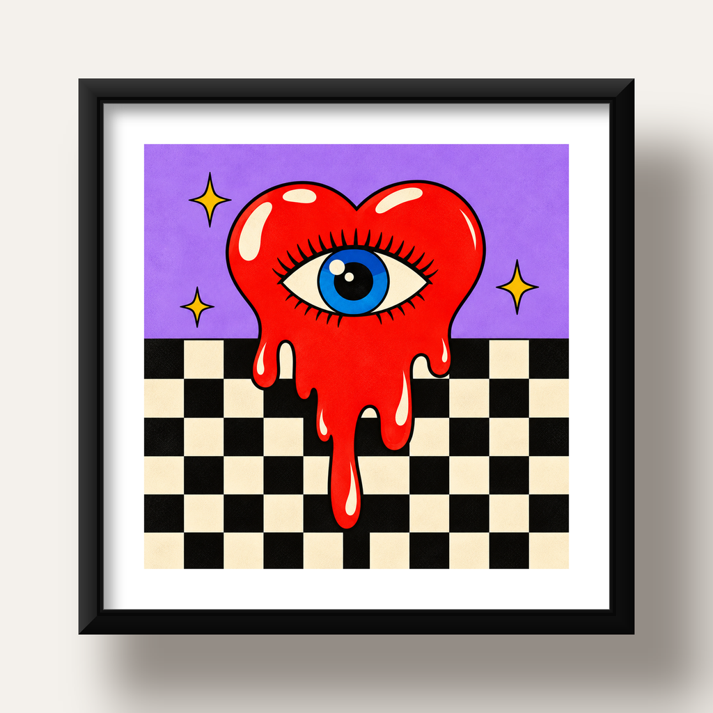 Eriyen Kalp ve Göz Dijital Pop-Art Poster - Renkli Sanat Baskısı — siyah derin çerçeveli paspartulu