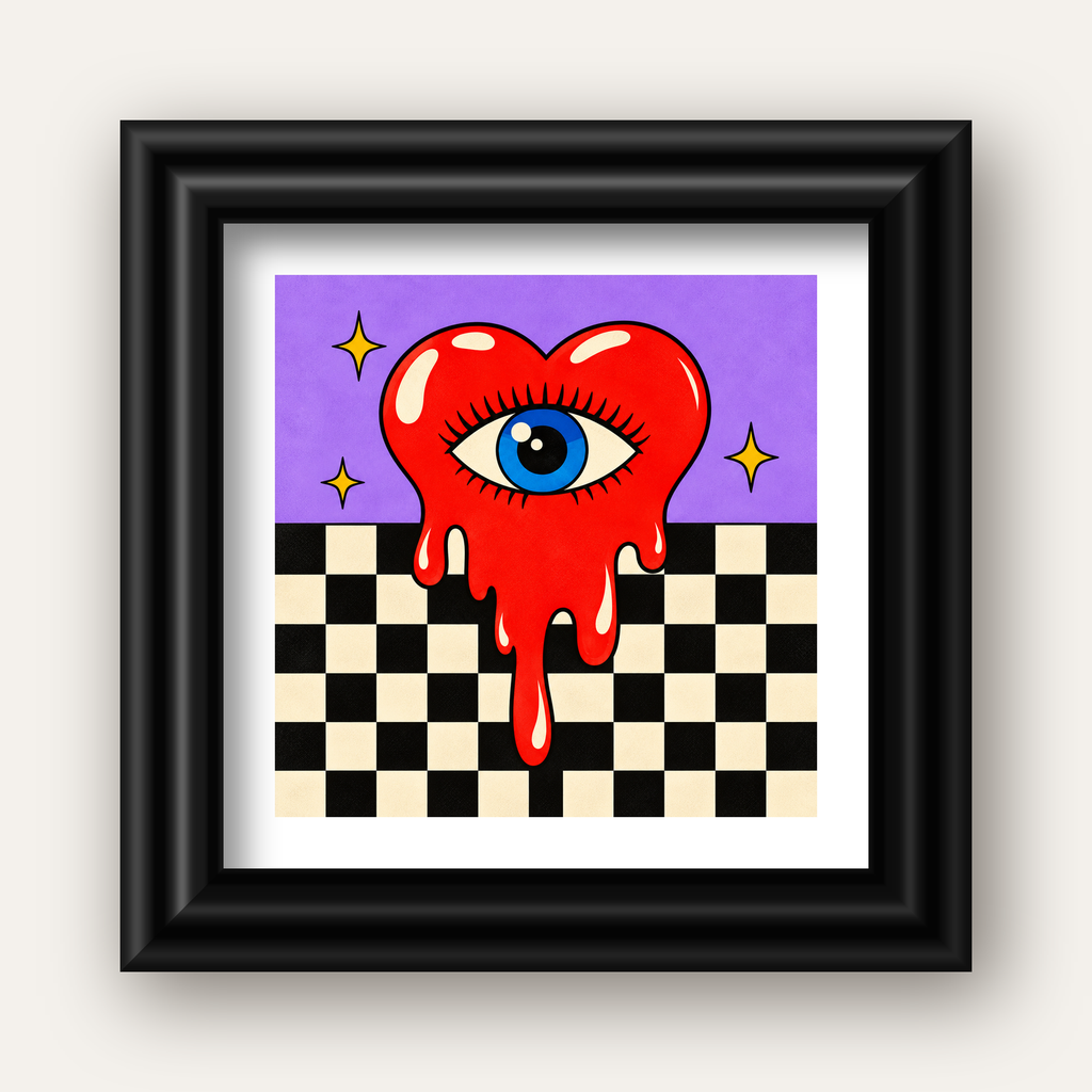 Eriyen Kalp ve Göz Dijital Pop-Art Poster - Renkli Sanat Baskısı — siyah galeri çerçeveli paspartulu