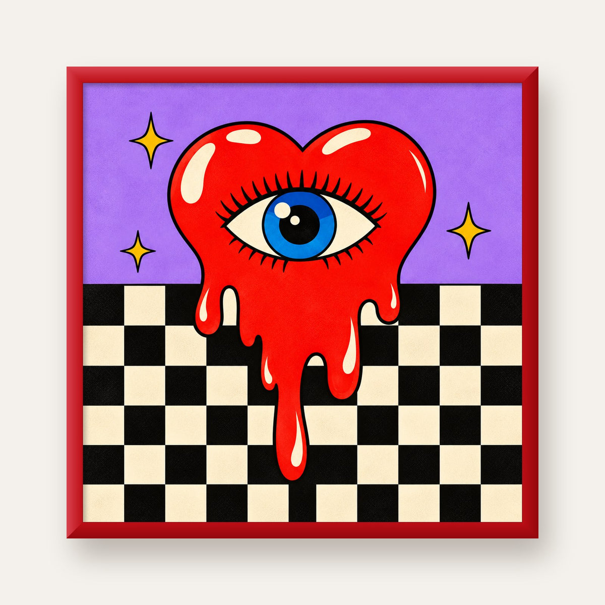 Eriyen Kalp ve Göz Dijital Pop-Art Poster - Renkli Sanat Baskısı — kırmızı çerçeveli