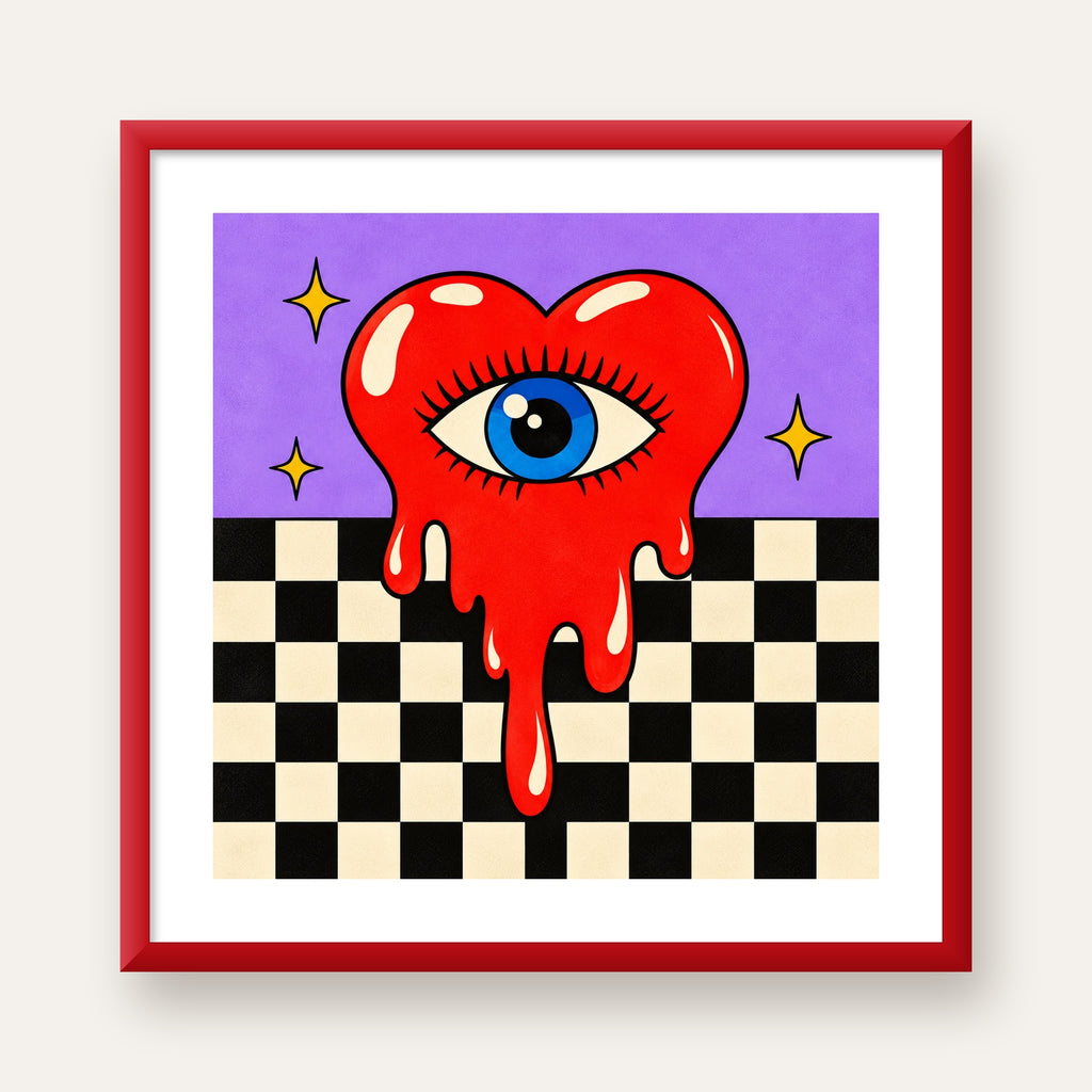 Eriyen Kalp ve Göz Dijital Pop-Art Poster - Renkli Sanat Baskısı — kırmızı çerçeveli paspartulu
