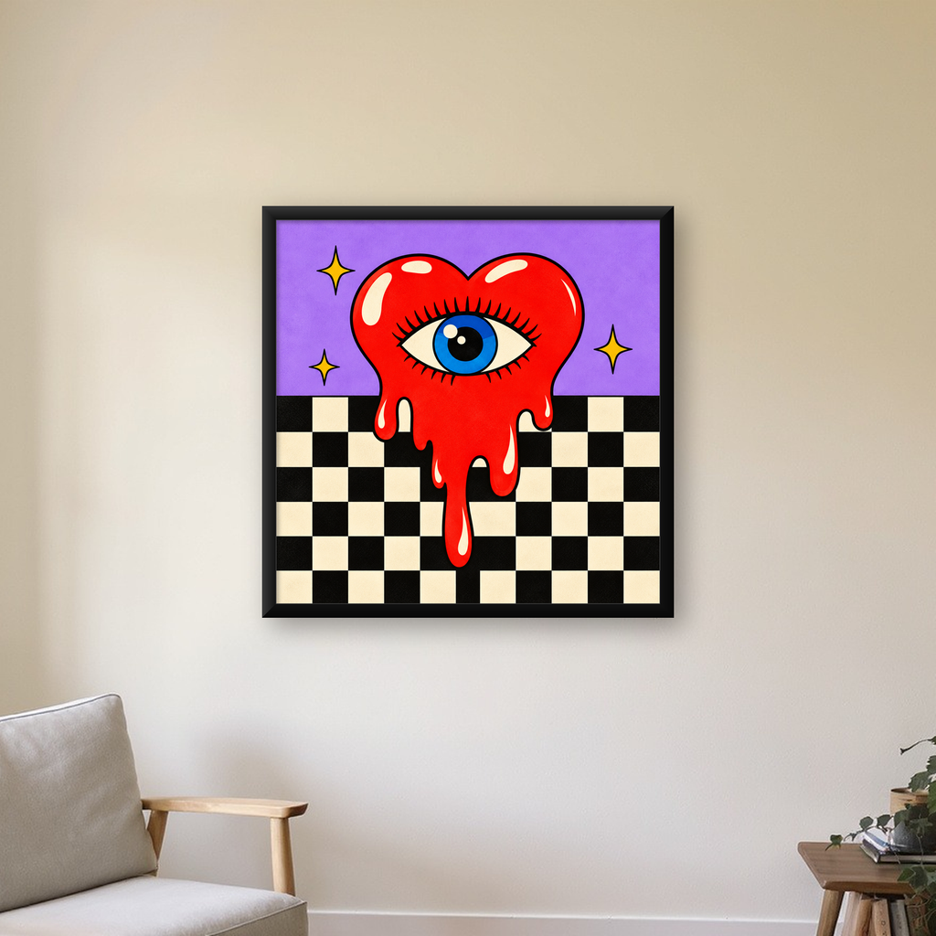 Eriyen Kalp ve Göz Dijital Pop-Art Poster - Renkli Sanat Baskısı — Kare baskı, çerçeveli hâliyle bir ev duvarında