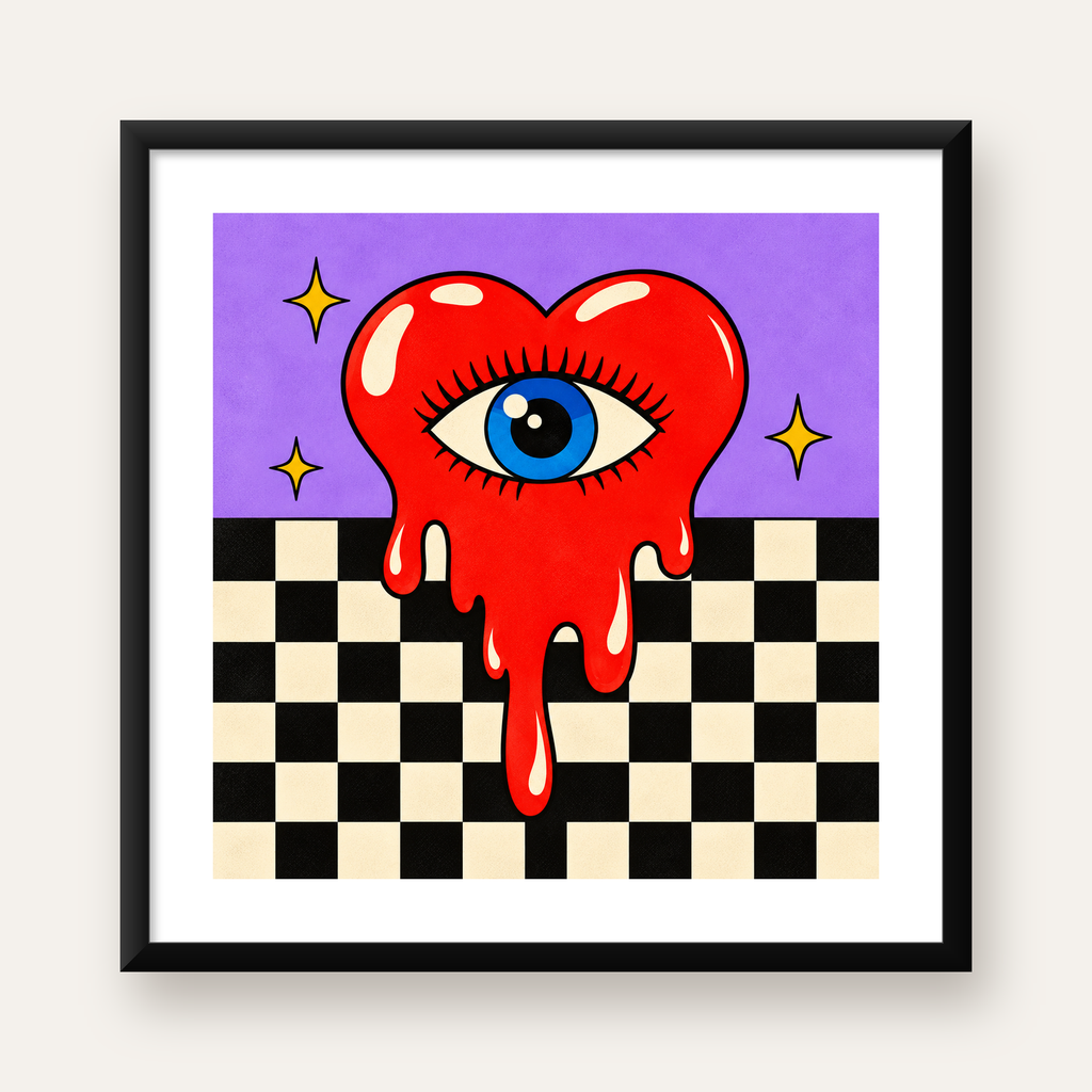 Eriyen Kalp ve Göz Dijital Pop-Art Poster - Renkli Sanat Baskısı — Kare baskı, beyaz paspartulu