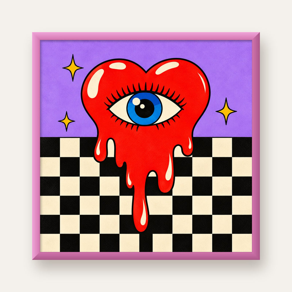 Eriyen Kalp ve Göz Dijital Pop-Art Poster - Renkli Sanat Baskısı — pembe çerçeveli