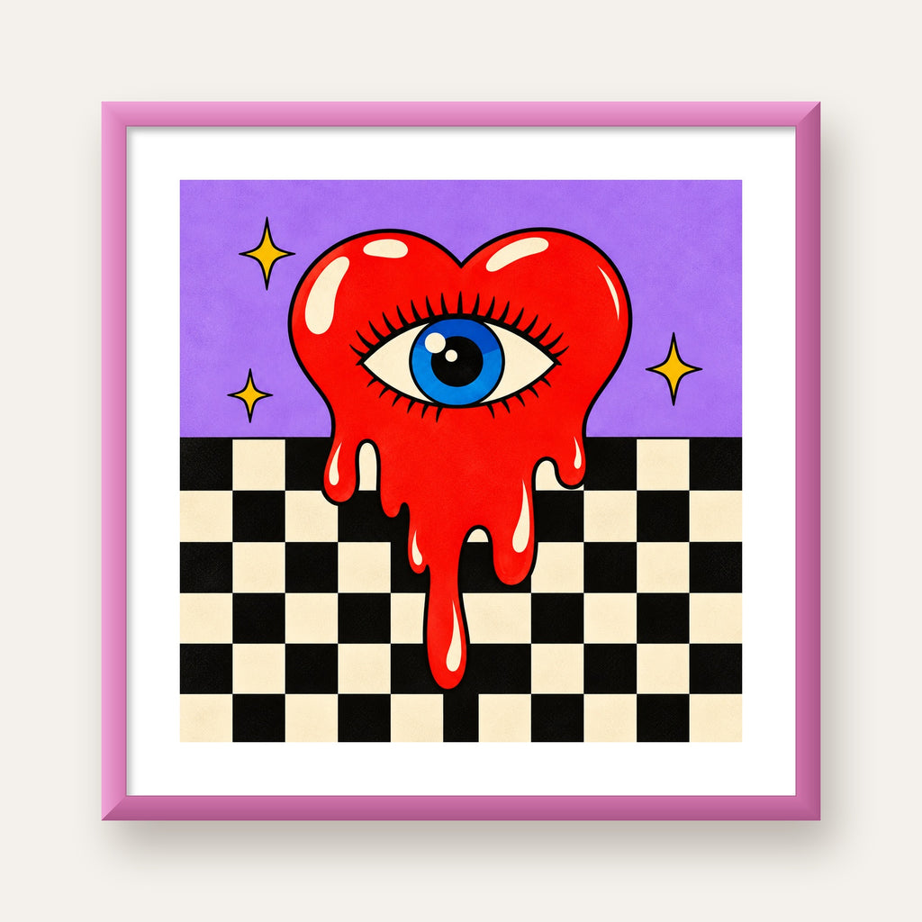 Eriyen Kalp ve Göz Dijital Pop-Art Poster - Renkli Sanat Baskısı — pembe çerçeveli paspartulu