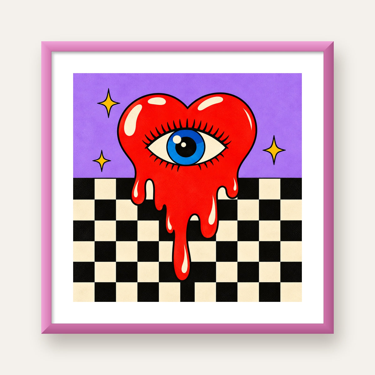 Eriyen Kalp ve Göz Dijital Pop-Art Poster - Renkli Sanat Baskısı — pembe çerçeveli paspartulu