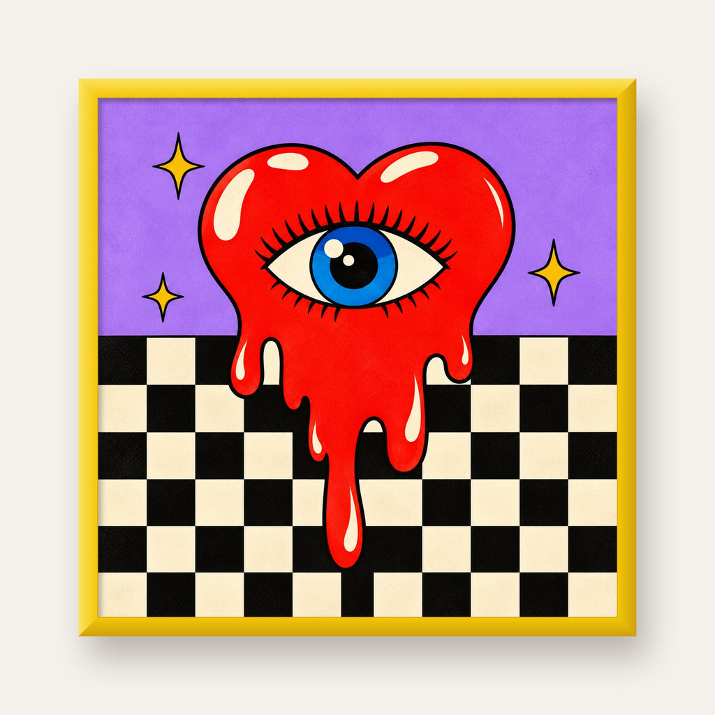 Eriyen Kalp ve Göz Dijital Pop-Art Poster - Renkli Sanat Baskısı — sarı çerçeveli