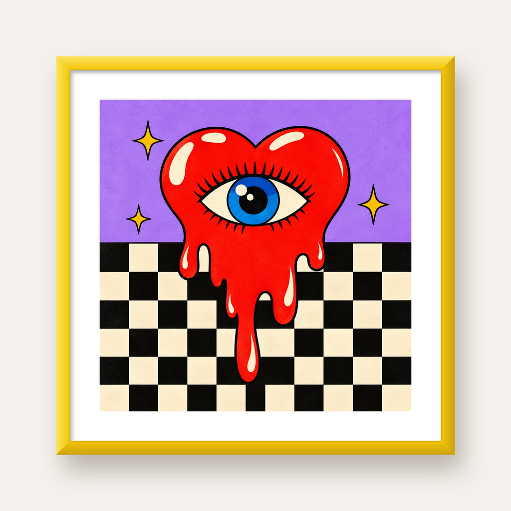 Eriyen Kalp ve Göz Dijital Pop-Art Poster - Renkli Sanat Baskısı — sarı çerçeveli paspartulu