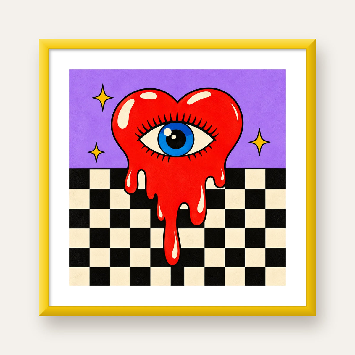 Eriyen Kalp ve Göz Dijital Pop-Art Poster - Renkli Sanat Baskısı — sarı çerçeveli paspartulu