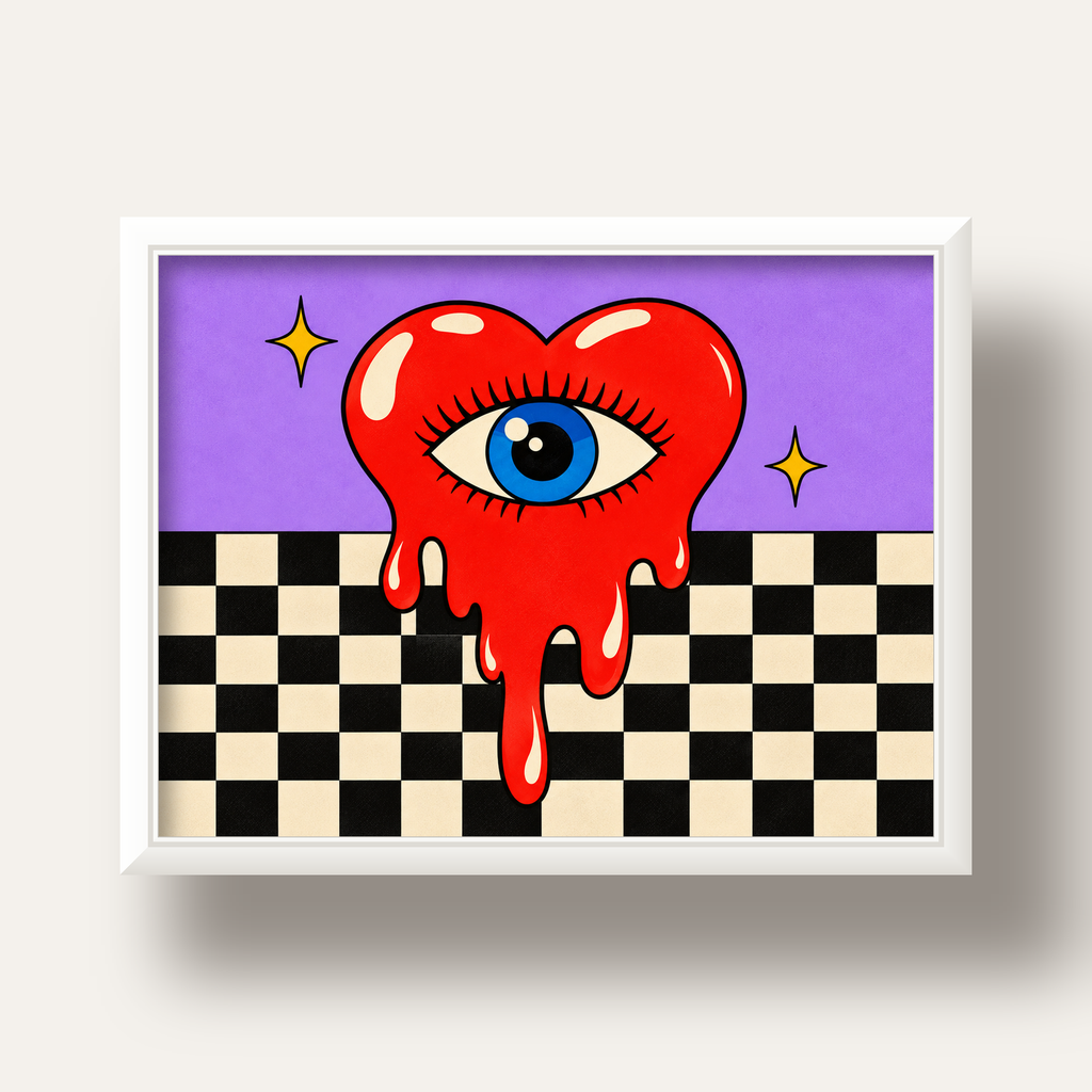 Eriyen Kalp ve Göz Dijital Pop-Art Poster - Renkli Sanat Baskısı — beyaz derin çerçeveli