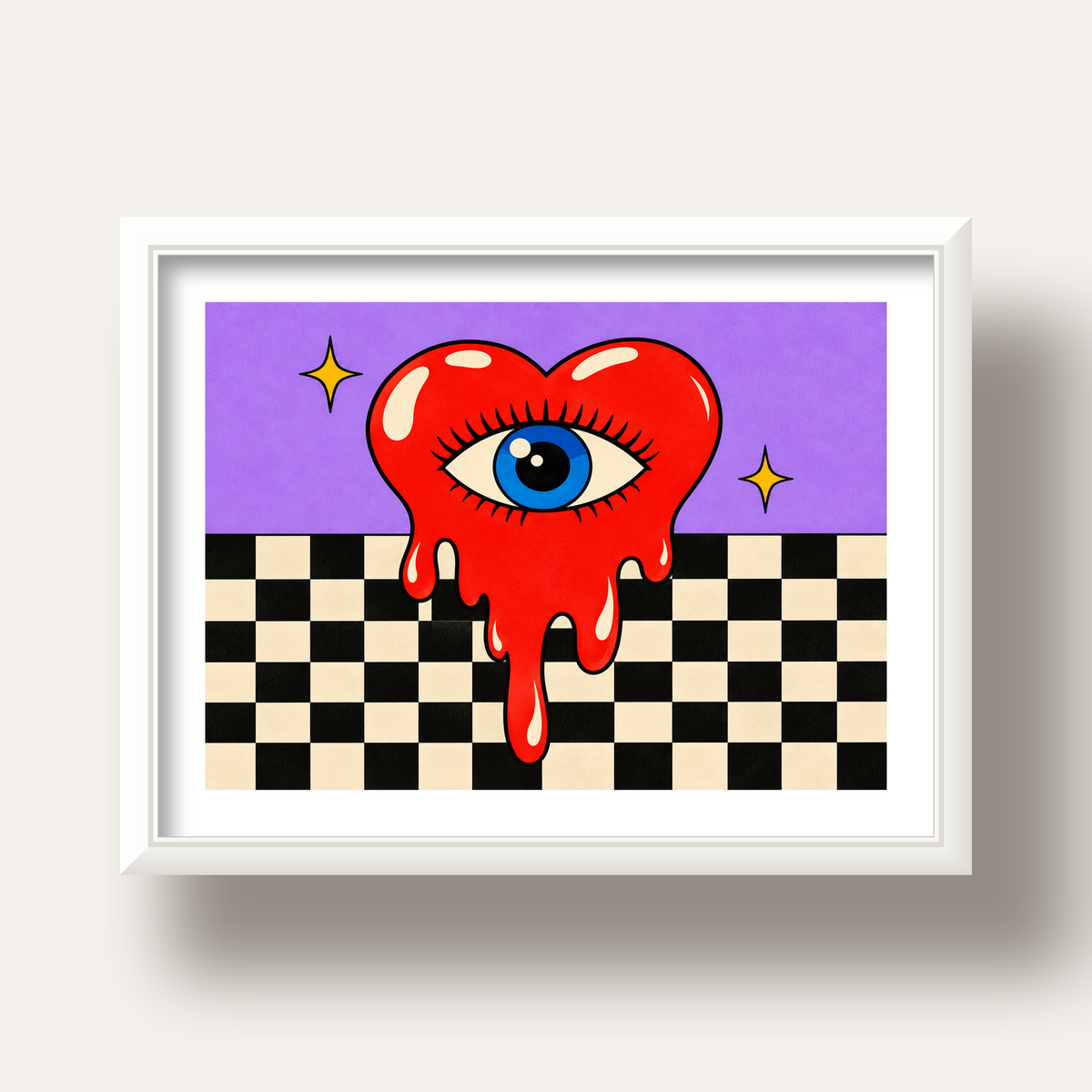 Eriyen Kalp ve Göz Dijital Pop-Art Poster - Renkli Sanat Baskısı — beyaz derin çerçeveli paspartulu