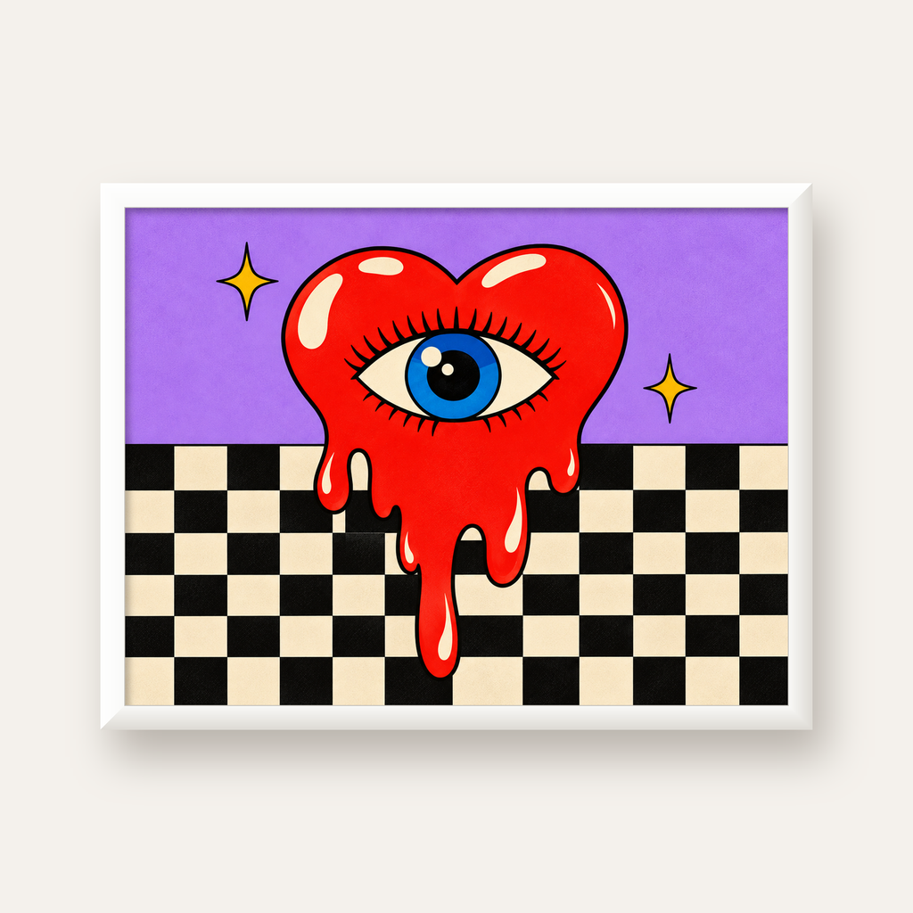 Eriyen Kalp ve Göz Dijital Pop-Art Poster - Renkli Sanat Baskısı — beyaz çerçeveli yatay poster
