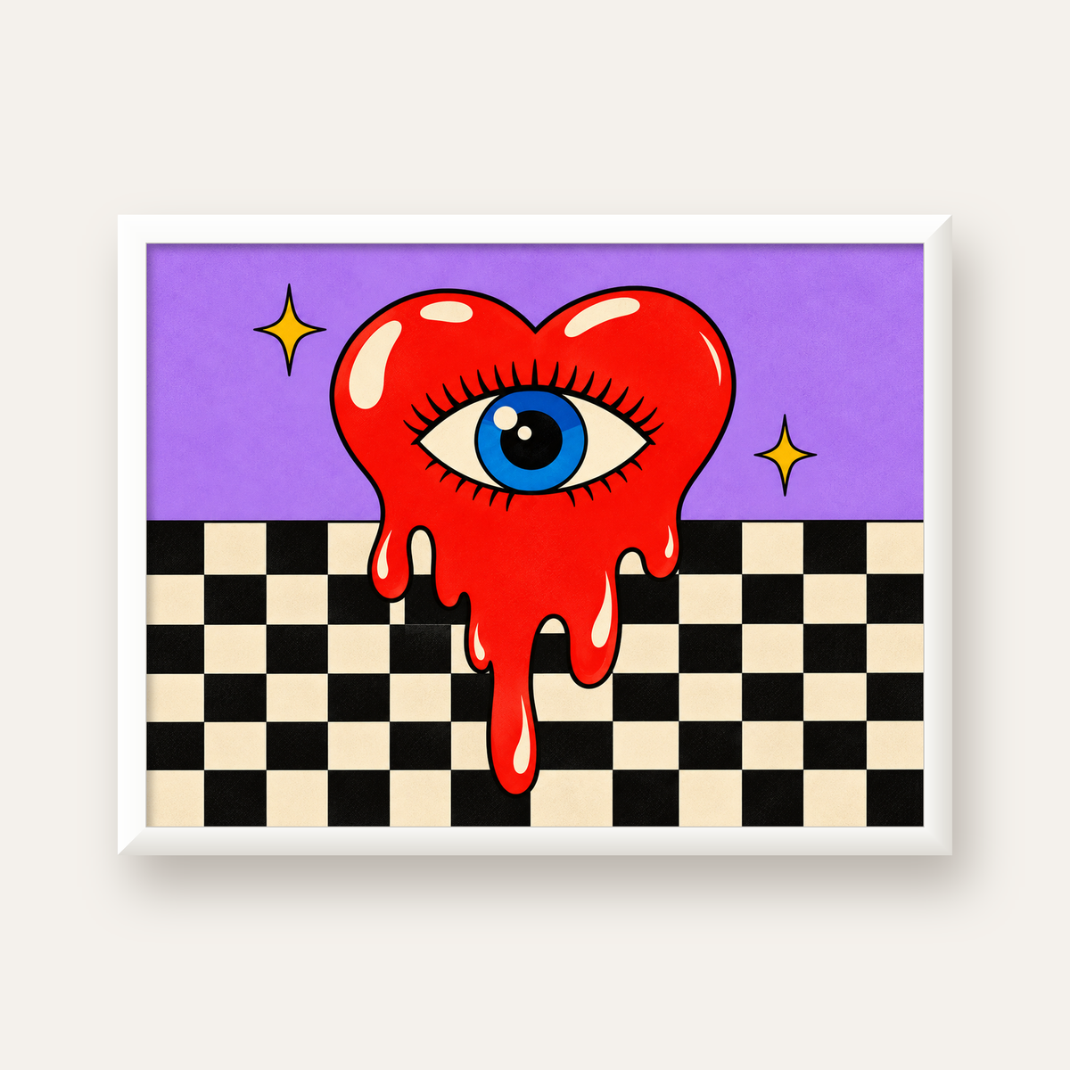 Eriyen Kalp ve Göz Dijital Pop-Art Poster - Renkli Sanat Baskısı — beyaz çerçeveli yatay poster