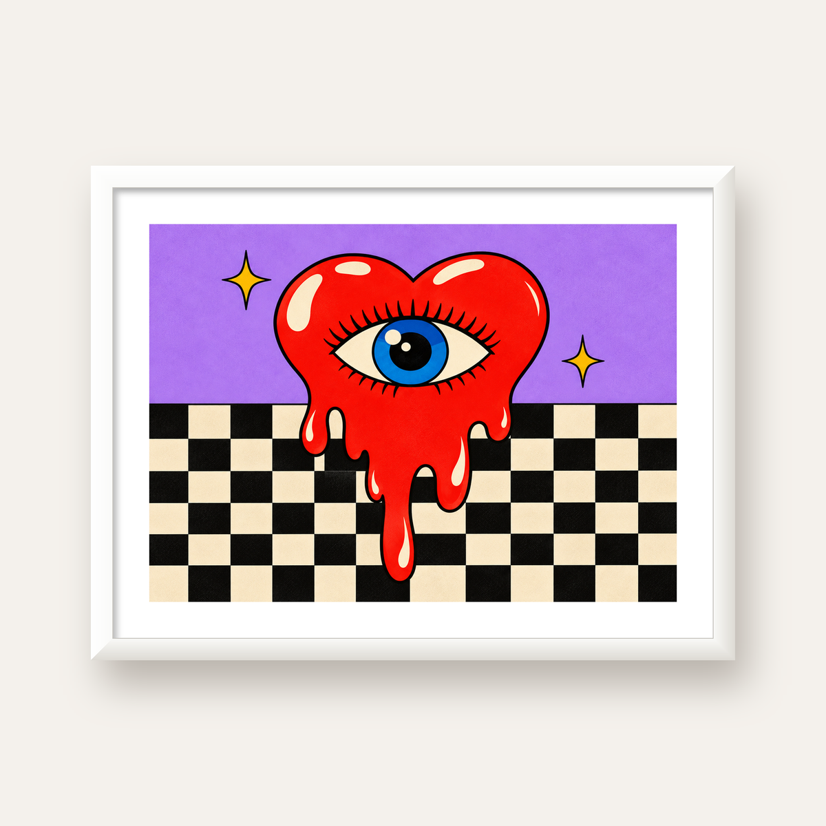 Eriyen Kalp ve Göz Dijital Pop-Art Poster - Renkli Sanat Baskısı — beyaz çerçeveli yatay poster