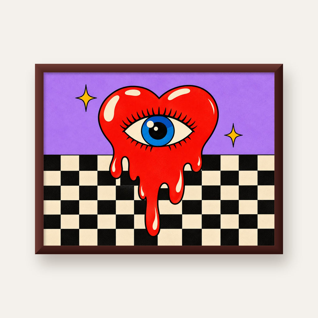 Eriyen Kalp ve Göz Dijital Pop-Art Poster - Renkli Sanat Baskısı — ceviz çerçeveli