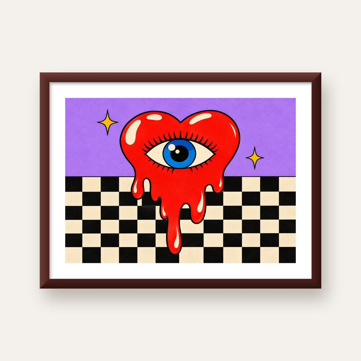 Eriyen Kalp ve Göz Dijital Pop-Art Poster - Renkli Sanat Baskısı — ceviz çerçeveli paspartulu