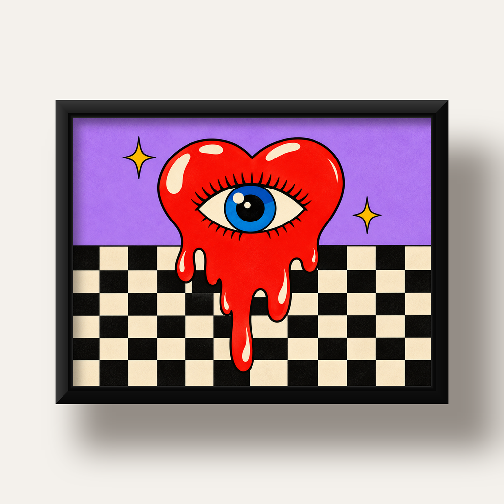 Eriyen Kalp ve Göz Dijital Pop-Art Poster - Renkli Sanat Baskısı — siyah derin çerçeveli