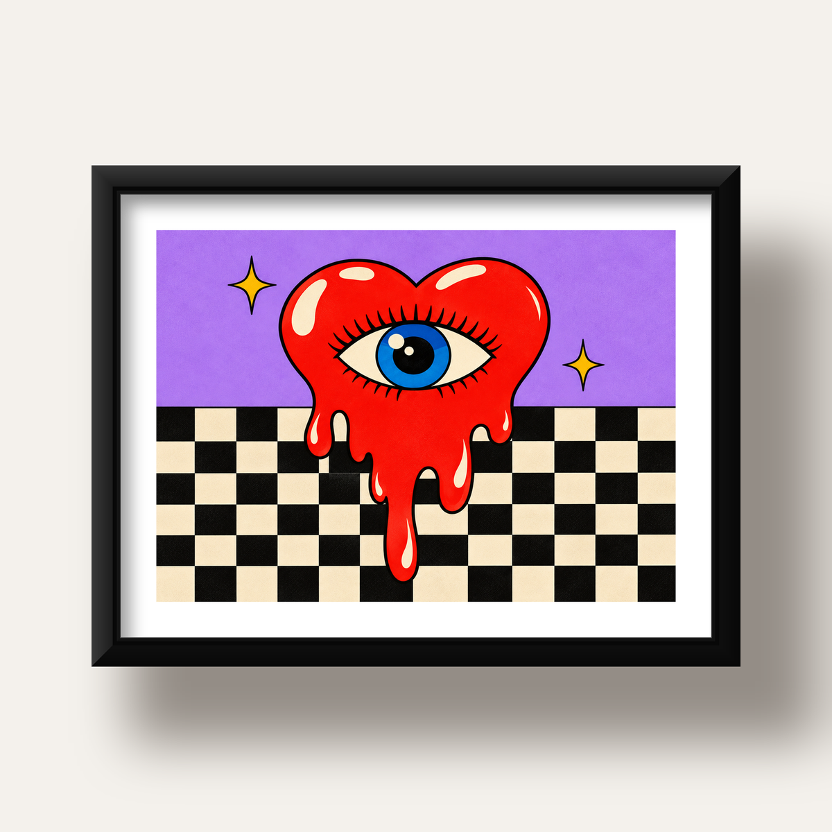 Eriyen Kalp ve Göz Dijital Pop-Art Poster - Renkli Sanat Baskısı — siyah derin çerçeveli paspartulu