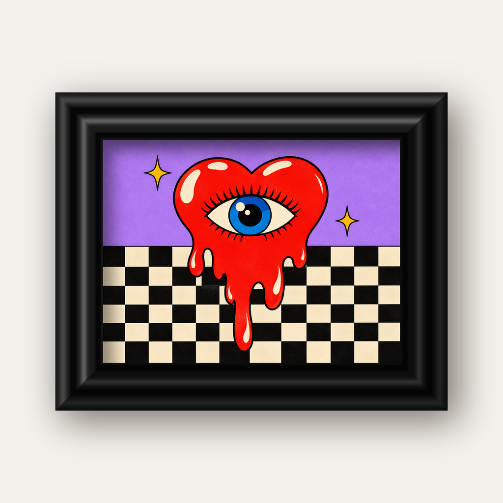 Eriyen Kalp ve Göz Dijital Pop-Art Poster - Renkli Sanat Baskısı — siyah galeri çerçeveli