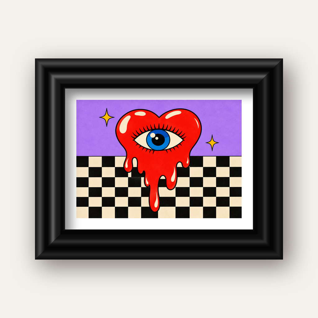 Eriyen Kalp ve Göz Dijital Pop-Art Poster - Renkli Sanat Baskısı — siyah galeri çerçeveli paspartulu