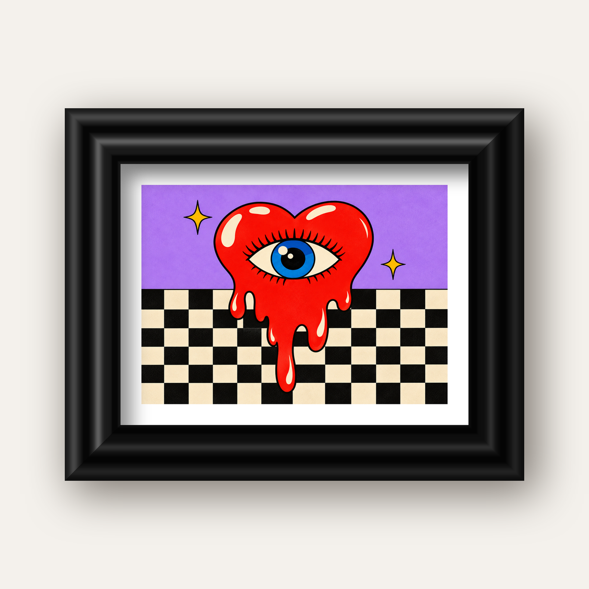 Eriyen Kalp ve Göz Dijital Pop-Art Poster - Renkli Sanat Baskısı — siyah galeri çerçeveli paspartulu