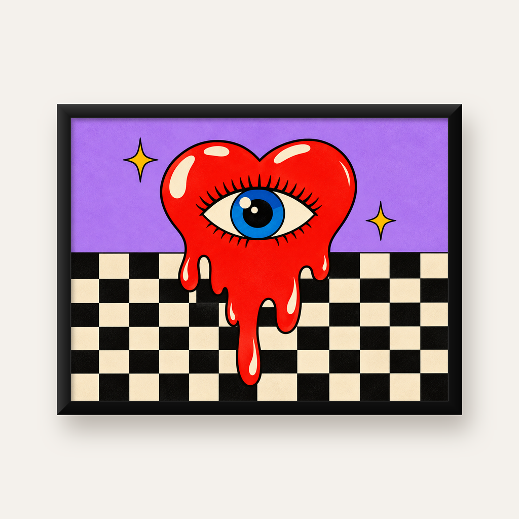 Eriyen Kalp ve Göz Dijital Pop-Art Poster - Renkli Sanat Baskısı — Yatay baskı, düz siyah çerçeveli duvar posteri