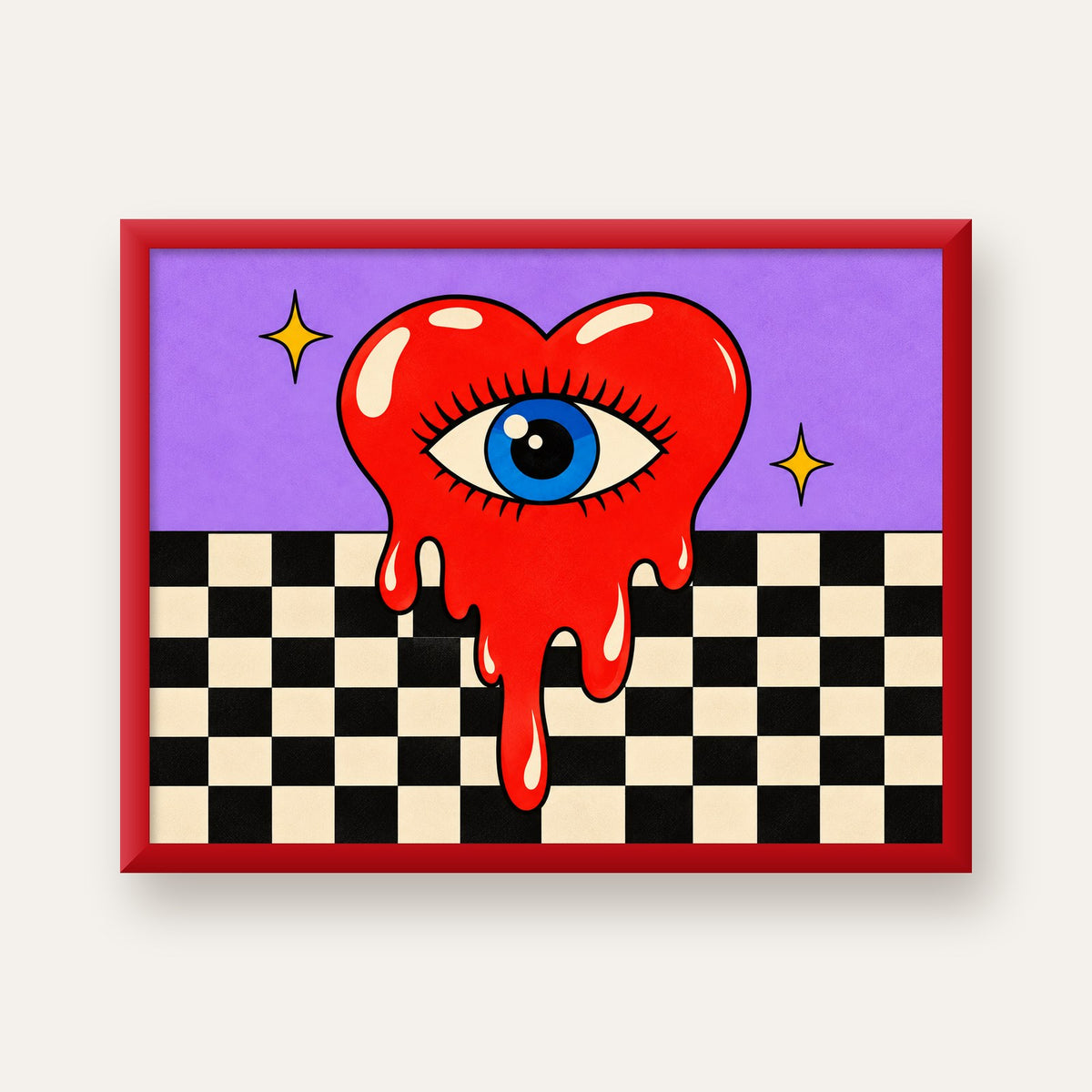 Eriyen Kalp ve Göz Dijital Pop-Art Poster - Renkli Sanat Baskısı — kırmızı çerçeveli