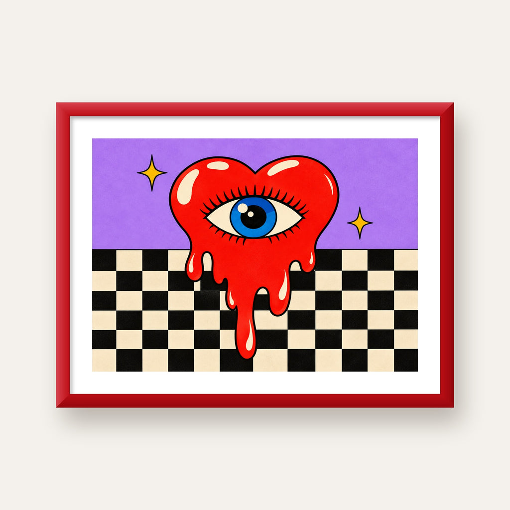 Eriyen Kalp ve Göz Dijital Pop-Art Poster - Renkli Sanat Baskısı — kırmızı çerçeveli paspartulu