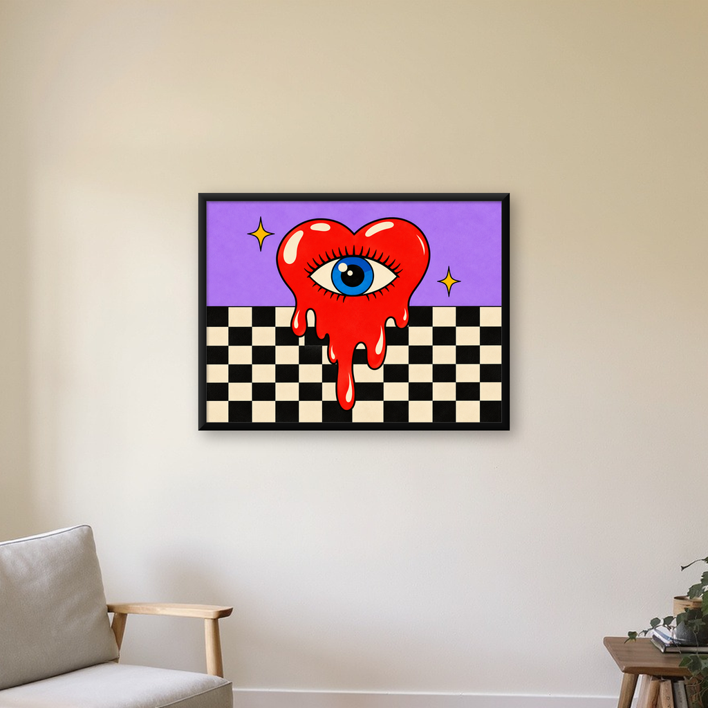Eriyen Kalp ve Göz Dijital Pop-Art Poster - Renkli Sanat Baskısı — Yatay baskı, çerçeveli hâliyle bir ev duvarında