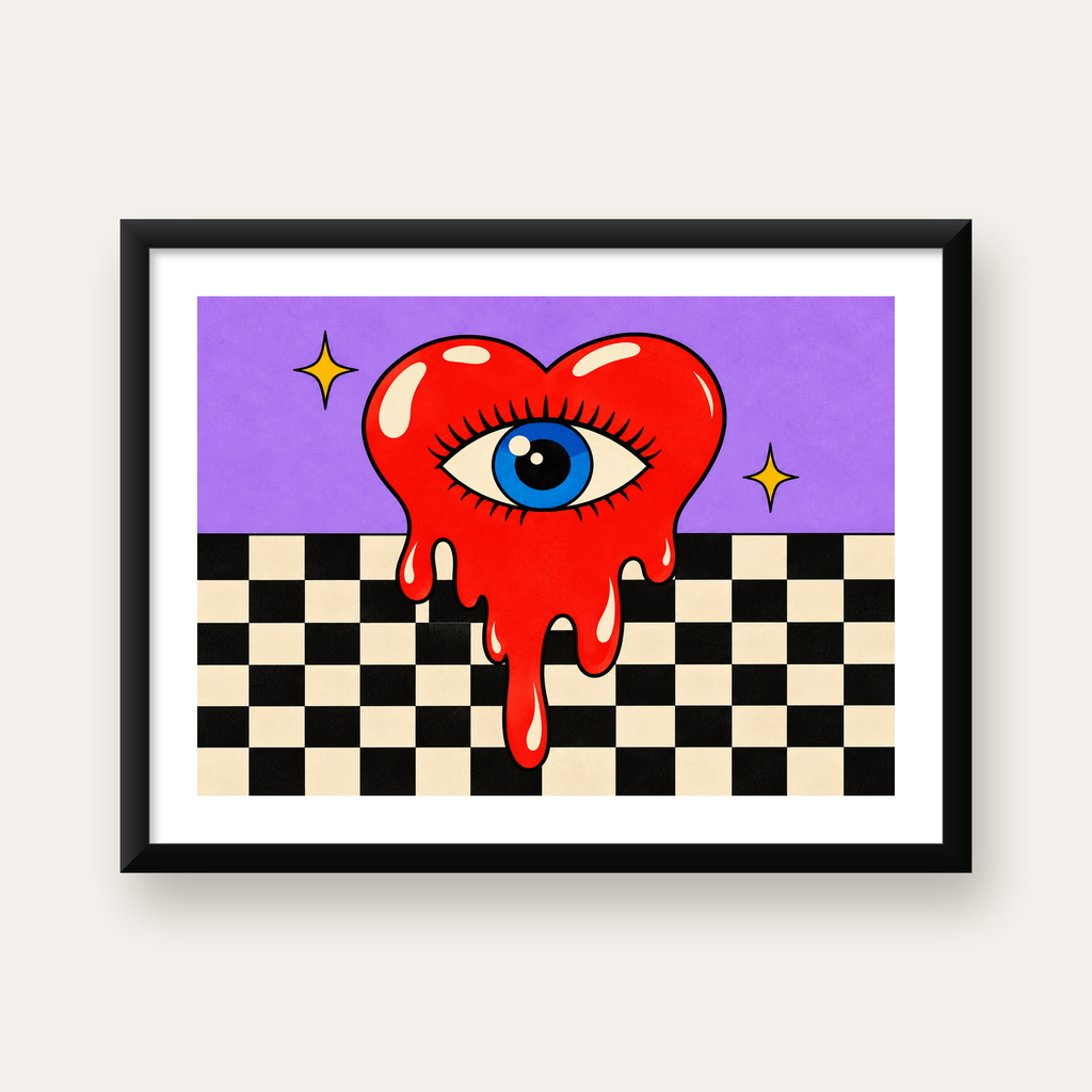 Eriyen Kalp ve Göz Dijital Pop-Art Poster - Renkli Sanat Baskısı — Yatay baskı, beyaz paspartulu