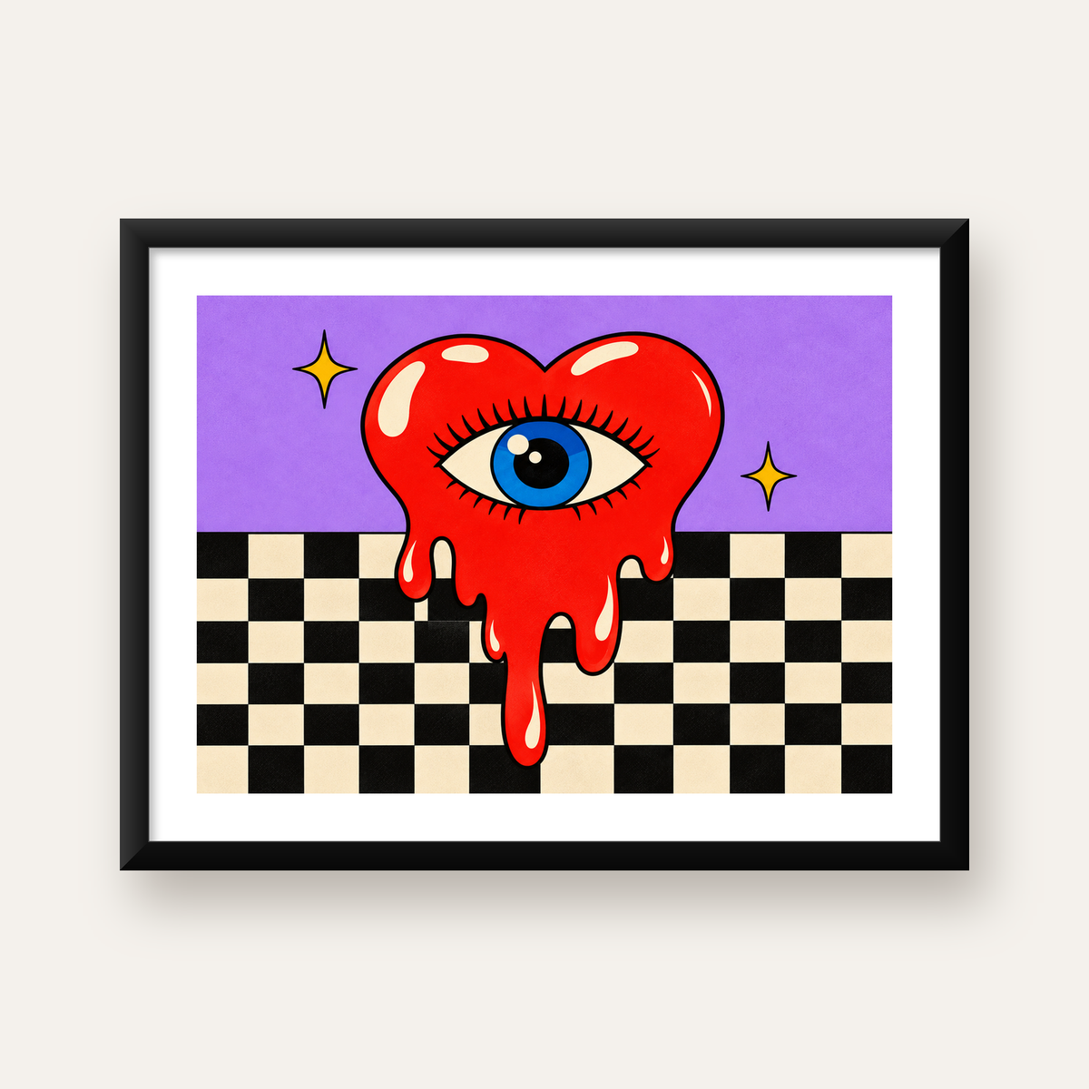 Eriyen Kalp ve Göz Dijital Pop-Art Poster - Renkli Sanat Baskısı — Yatay baskı, beyaz paspartulu
