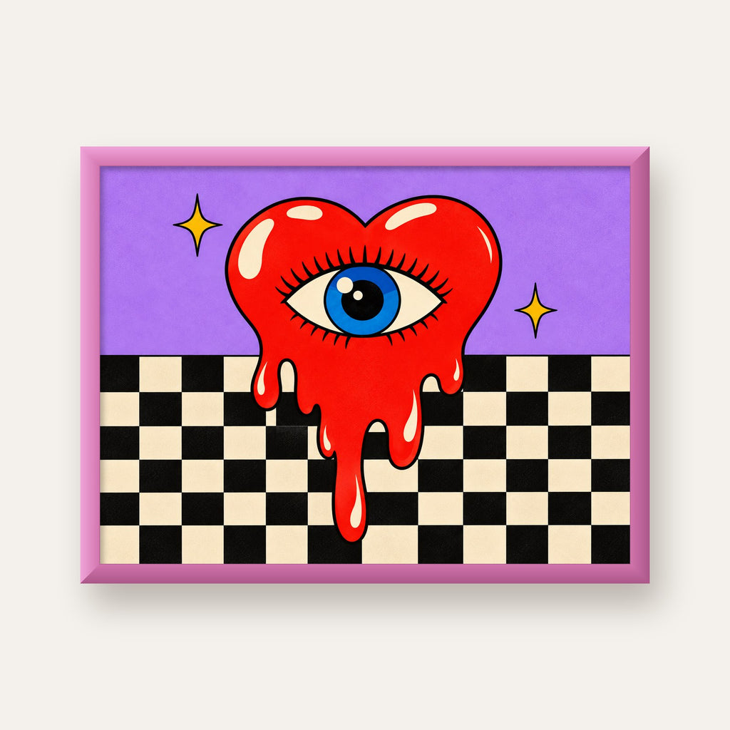 Eriyen Kalp ve Göz Dijital Pop-Art Poster - Renkli Sanat Baskısı — pembe çerçeveli