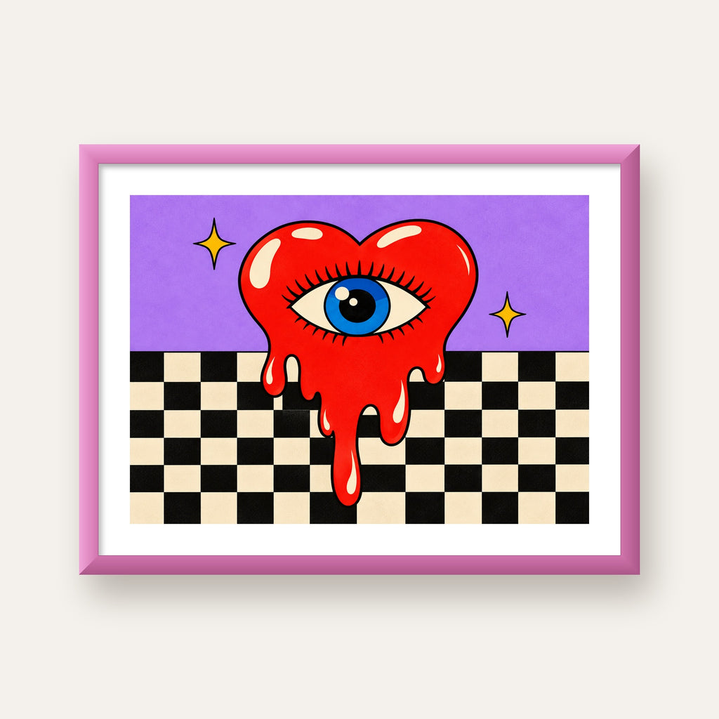 Eriyen Kalp ve Göz Dijital Pop-Art Poster - Renkli Sanat Baskısı — pembe çerçeveli paspartulu