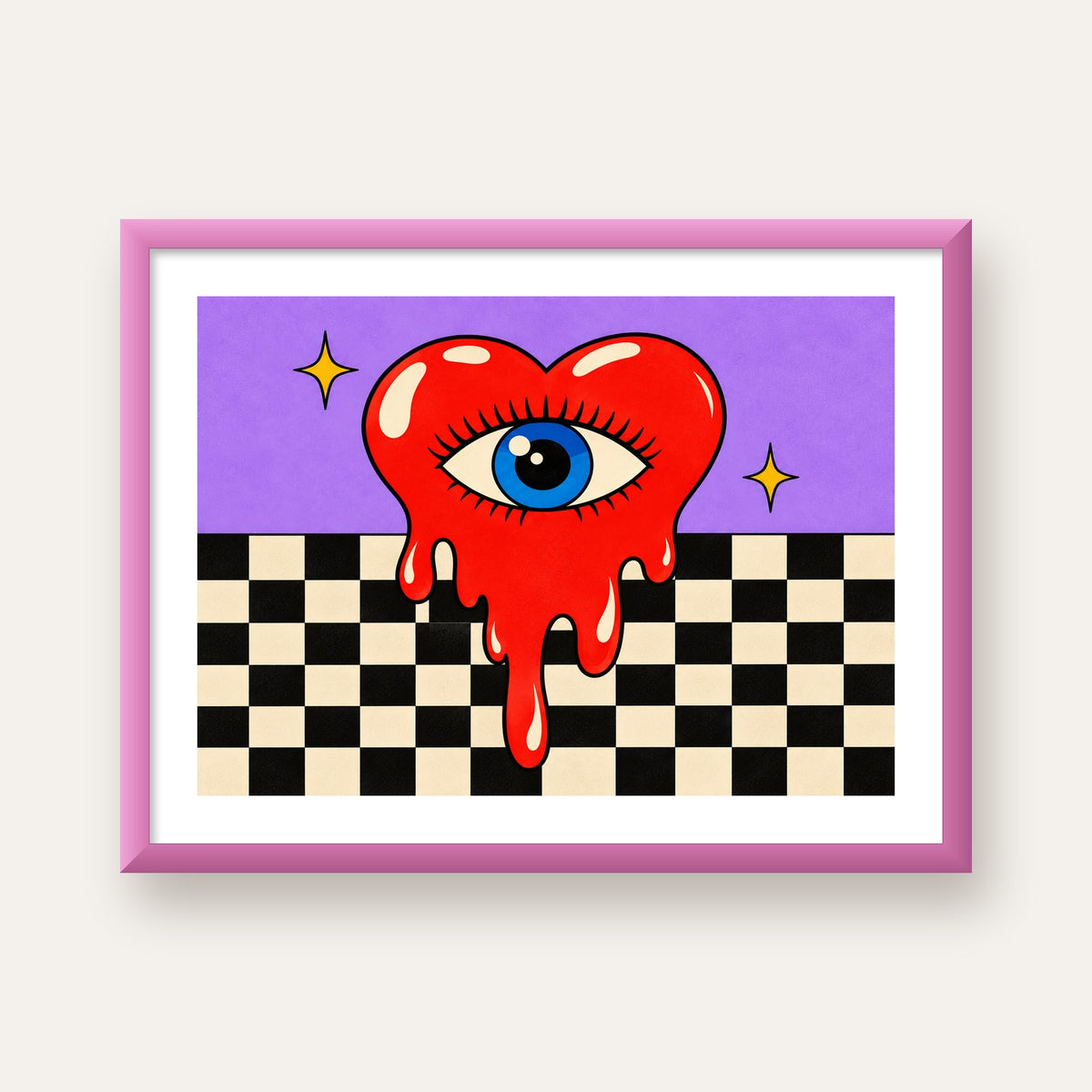 Eriyen Kalp ve Göz Dijital Pop-Art Poster - Renkli Sanat Baskısı — pembe çerçeveli paspartulu