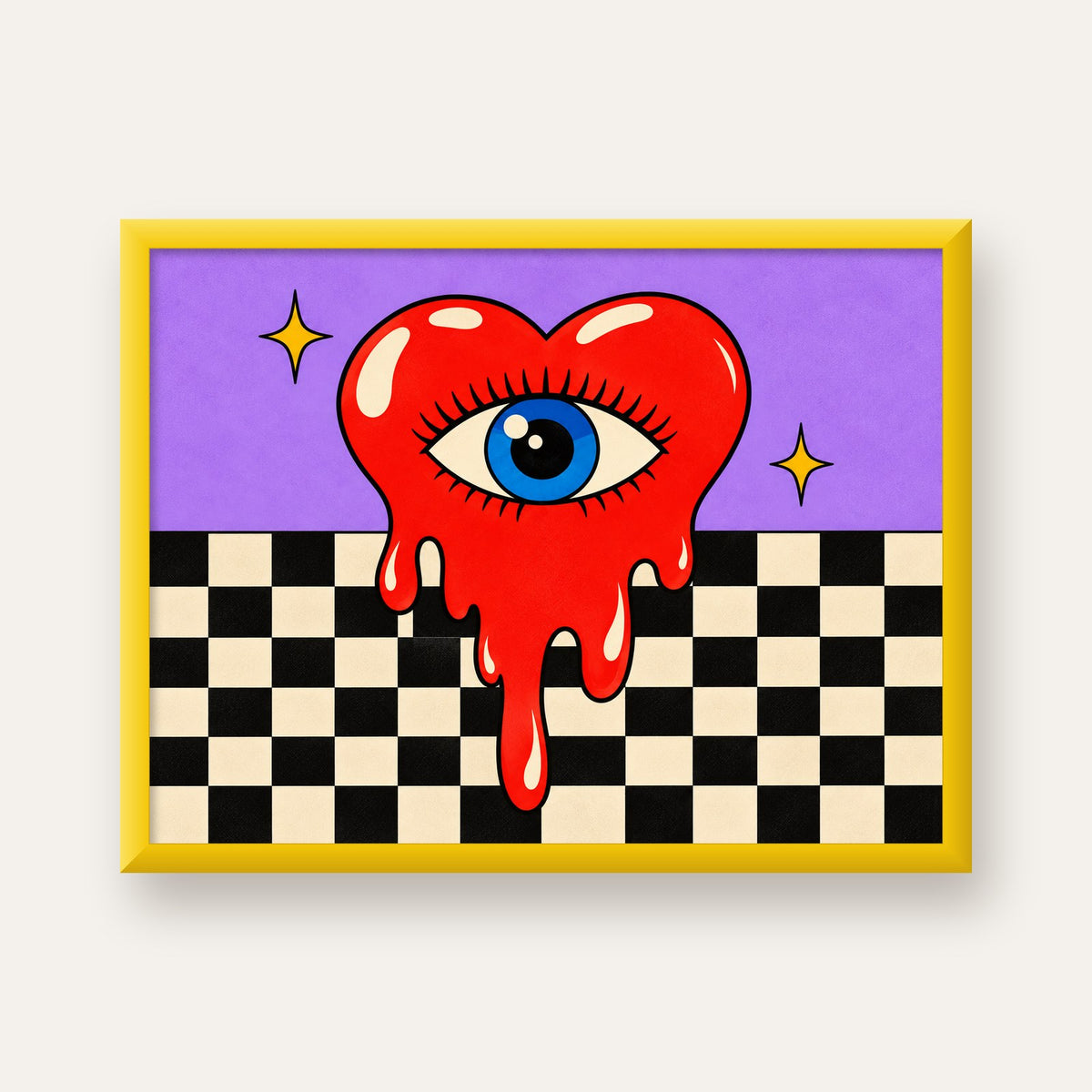 Eriyen Kalp ve Göz Dijital Pop-Art Poster - Renkli Sanat Baskısı — sarı çerçeveli