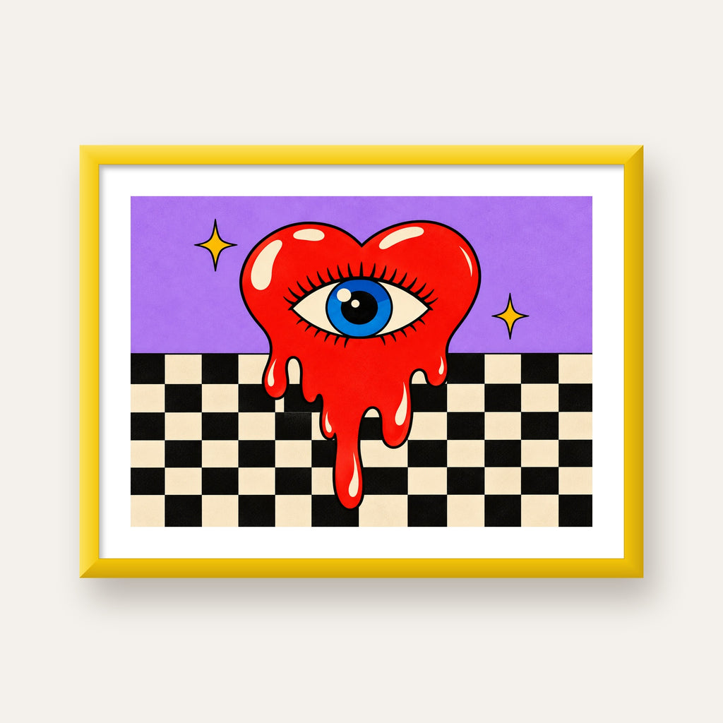 Eriyen Kalp ve Göz Dijital Pop-Art Poster - Renkli Sanat Baskısı — sarı çerçeveli paspartulu