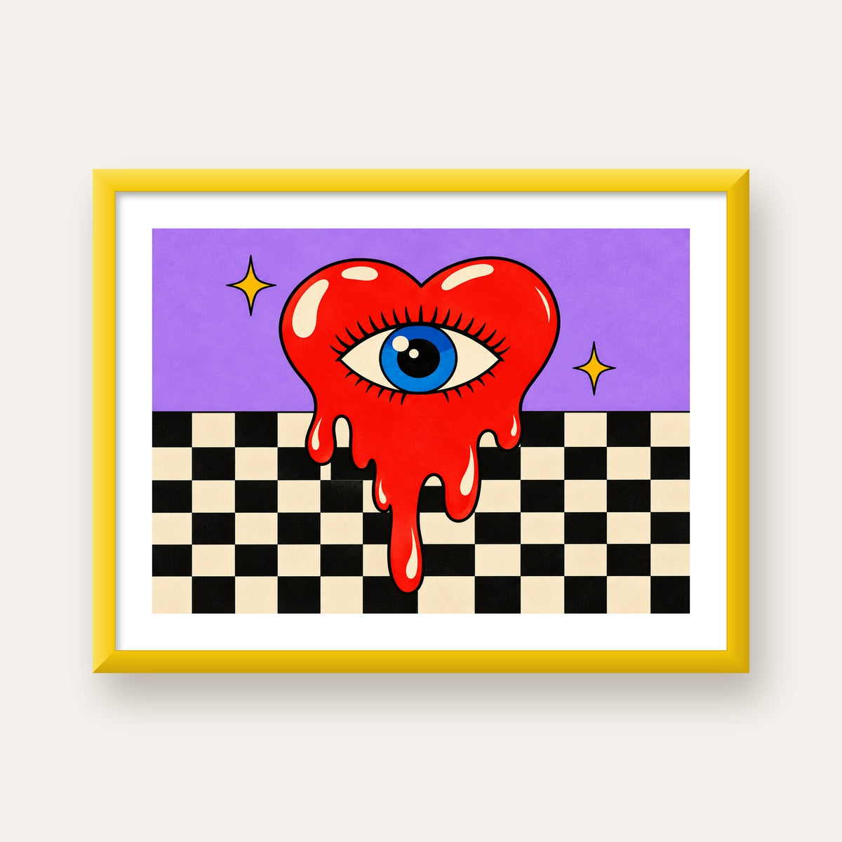 Eriyen Kalp ve Göz Dijital Pop-Art Poster - Renkli Sanat Baskısı — sarı çerçeveli paspartulu