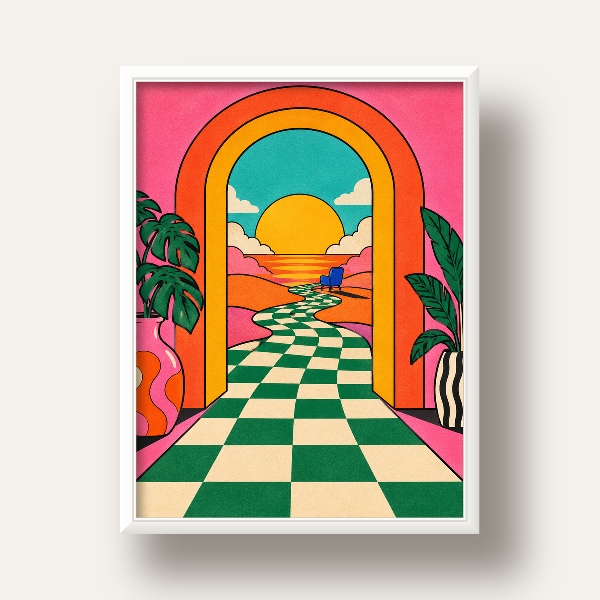 Retro Manzara ve Çizgili Yol Dijital Poster - Renkli Dekor — beyaz derin çerçeveli