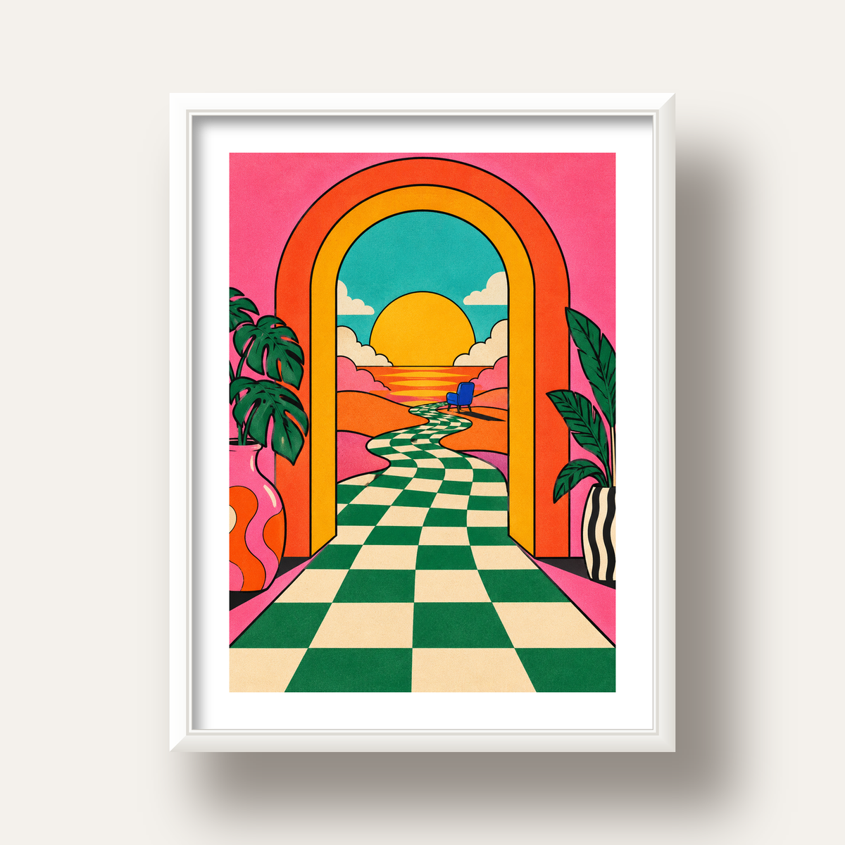 Retro Manzara ve Çizgili Yol Dijital Poster - Renkli Dekor — beyaz derin çerçeveli paspartulu