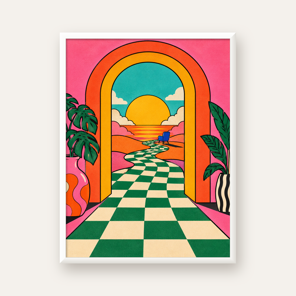 Retro Manzara ve Çizgili Yol Dijital Poster - Renkli Dekor — beyaz çerçeveli dikey poster