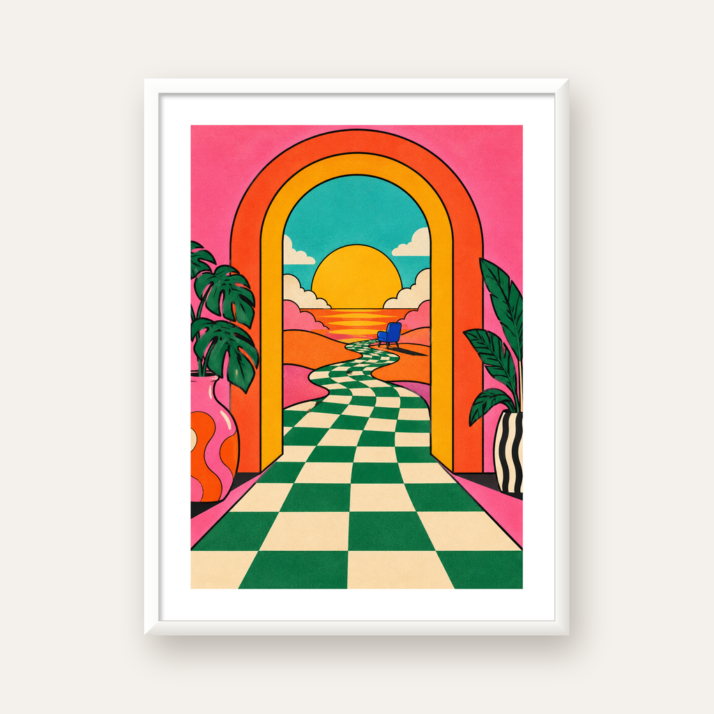 Retro Manzara ve Çizgili Yol Dijital Poster - Renkli Dekor — beyaz çerçeveli dikey poster