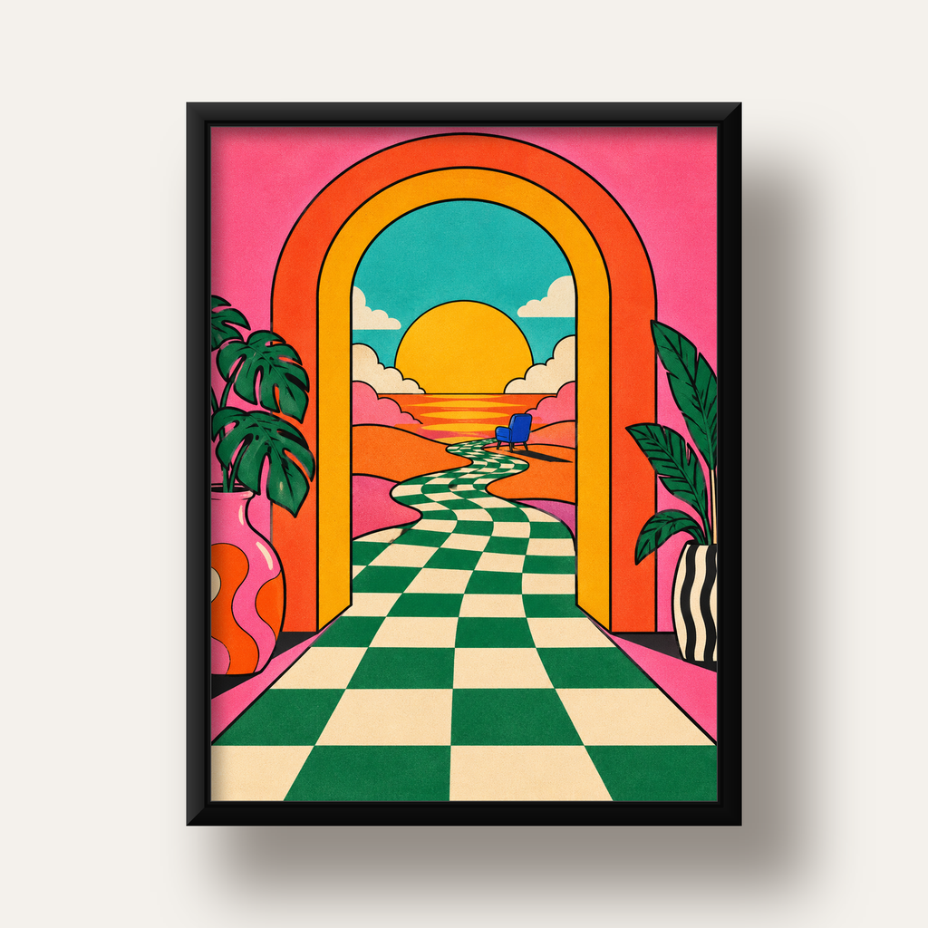 Retro Manzara ve Çizgili Yol Dijital Poster - Renkli Dekor — siyah derin çerçeveli