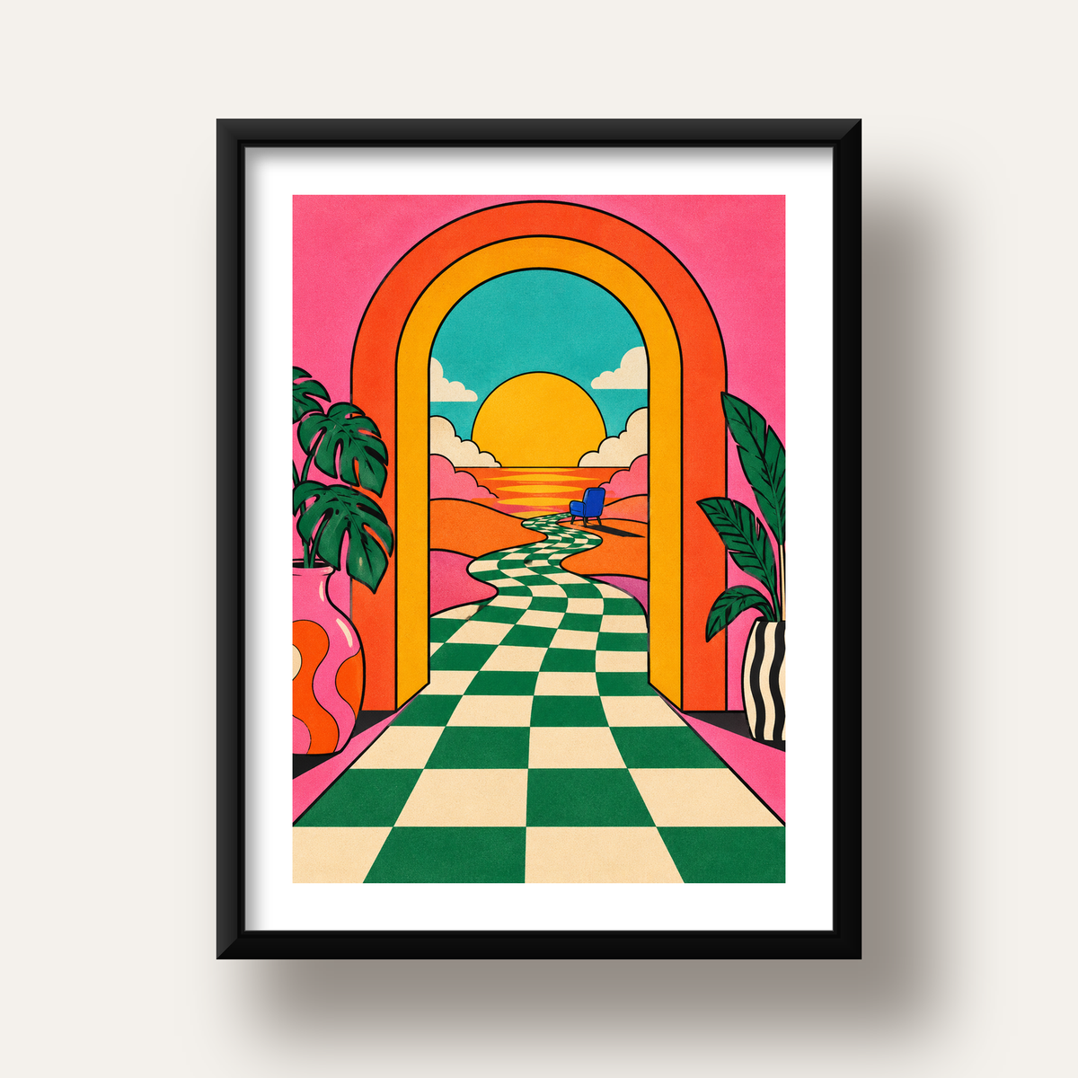 Retro Manzara ve Çizgili Yol Dijital Poster - Renkli Dekor — siyah derin çerçeveli paspartulu
