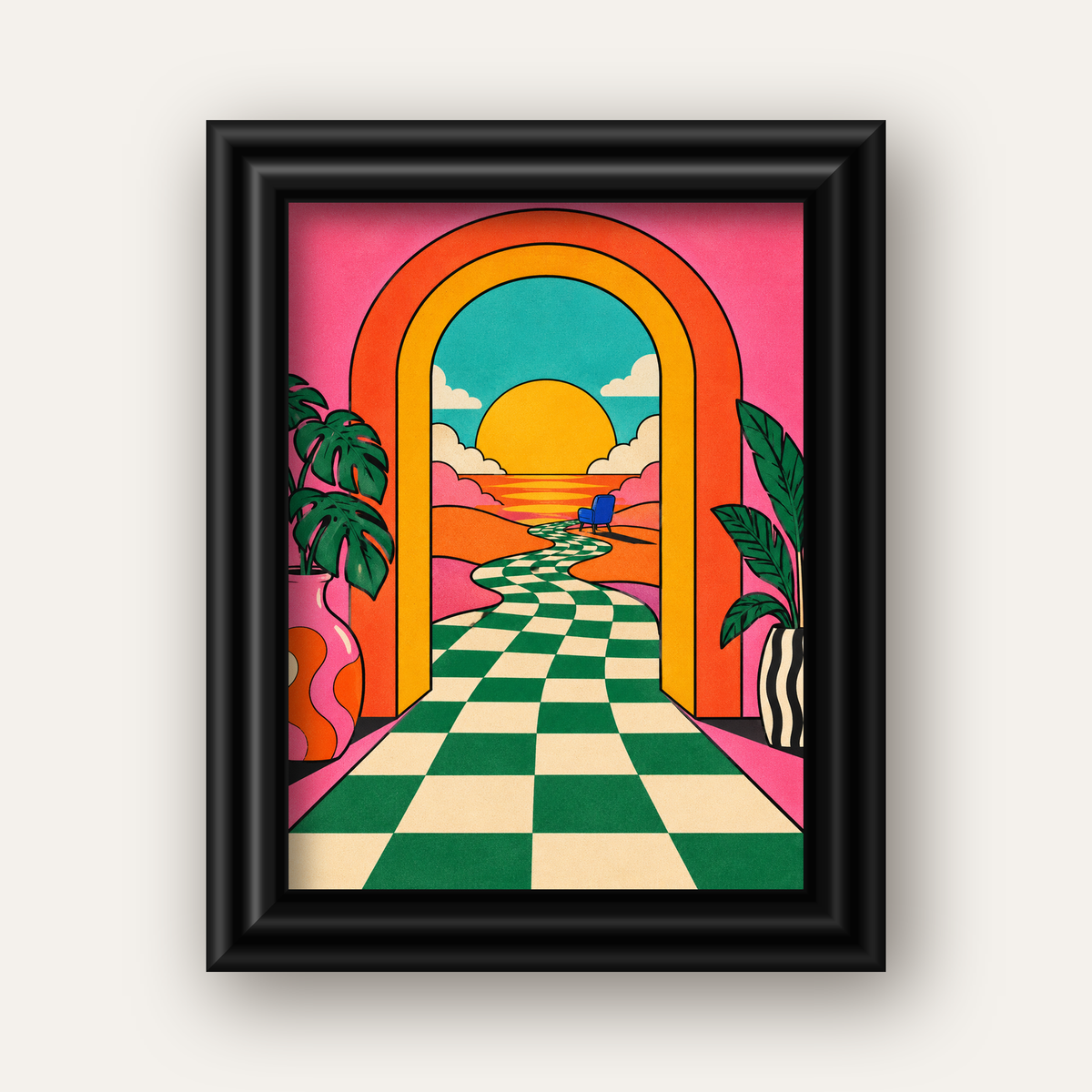 Retro Manzara ve Çizgili Yol Dijital Poster - Renkli Dekor — siyah galeri çerçeveli