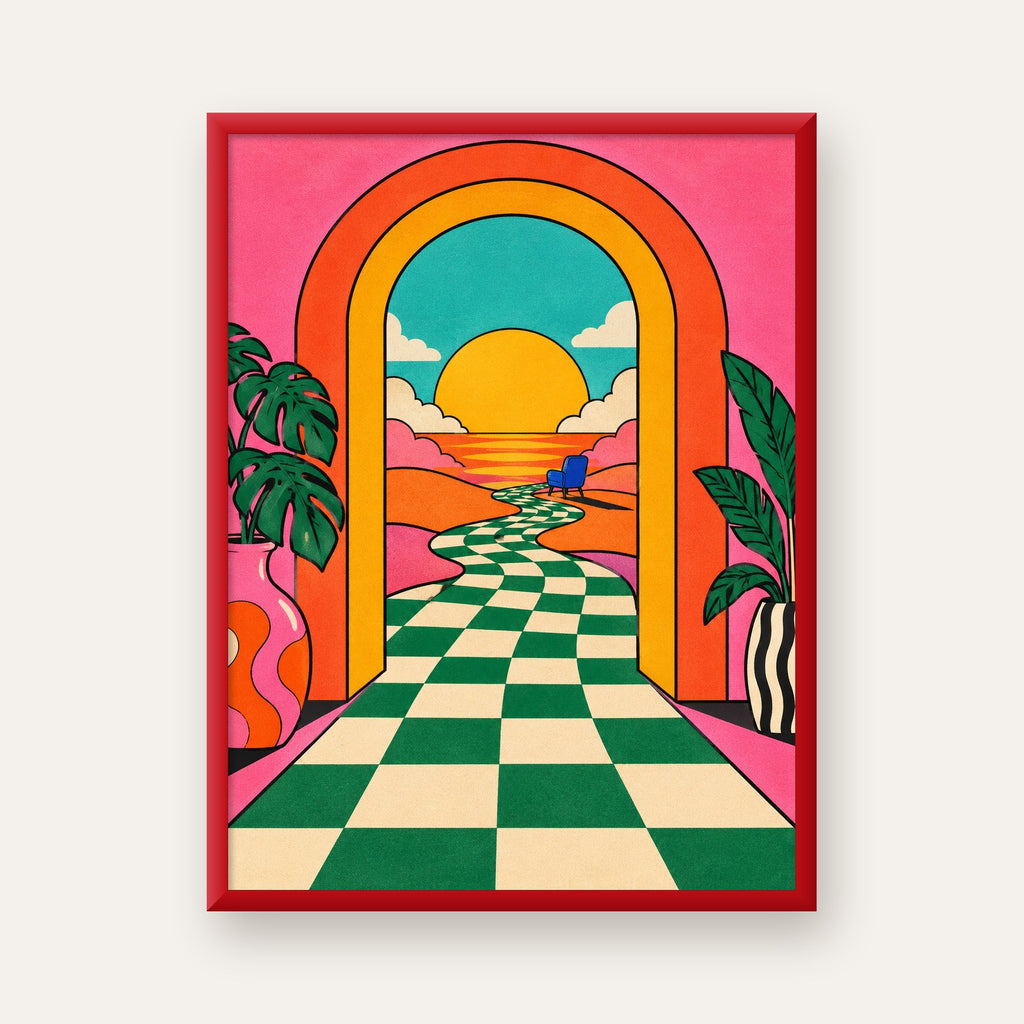 Retro Manzara ve Çizgili Yol Dijital Poster - Renkli Dekor — kırmızı çerçeveli