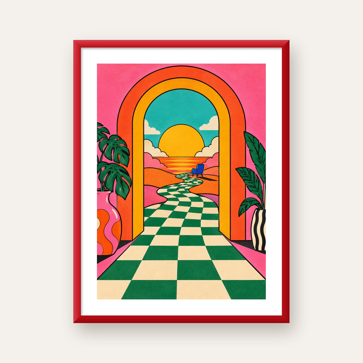 Retro Manzara ve Çizgili Yol Dijital Poster - Renkli Dekor — kırmızı çerçeveli paspartulu