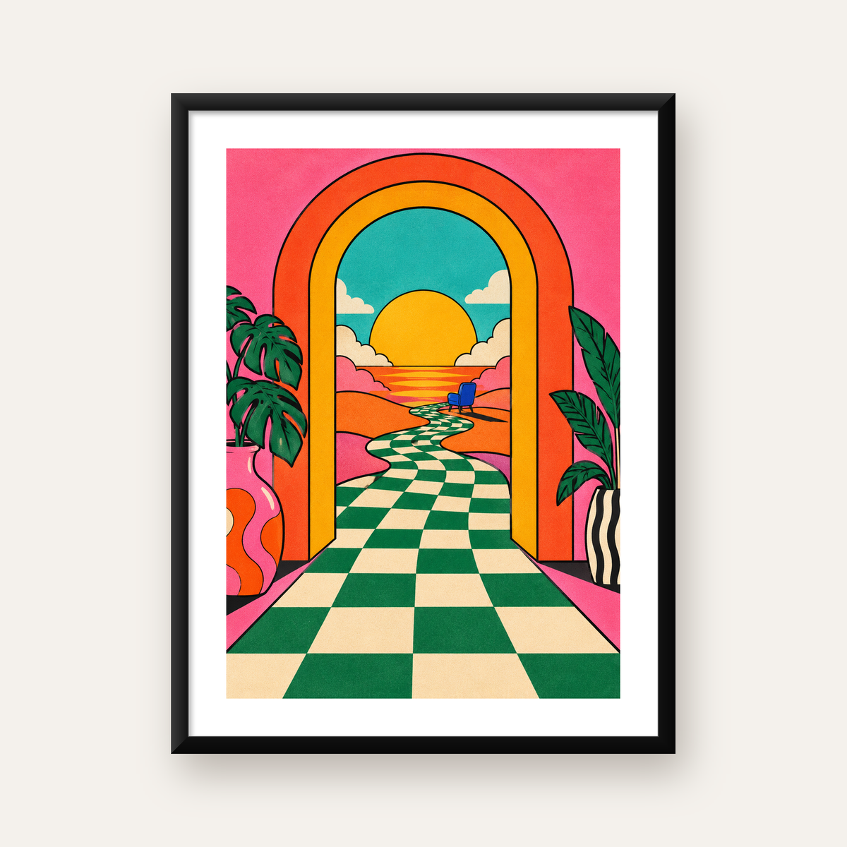 Retro Manzara ve Çizgili Yol Dijital Poster - Renkli Dekor — Dikey baskı, beyaz paspartulu