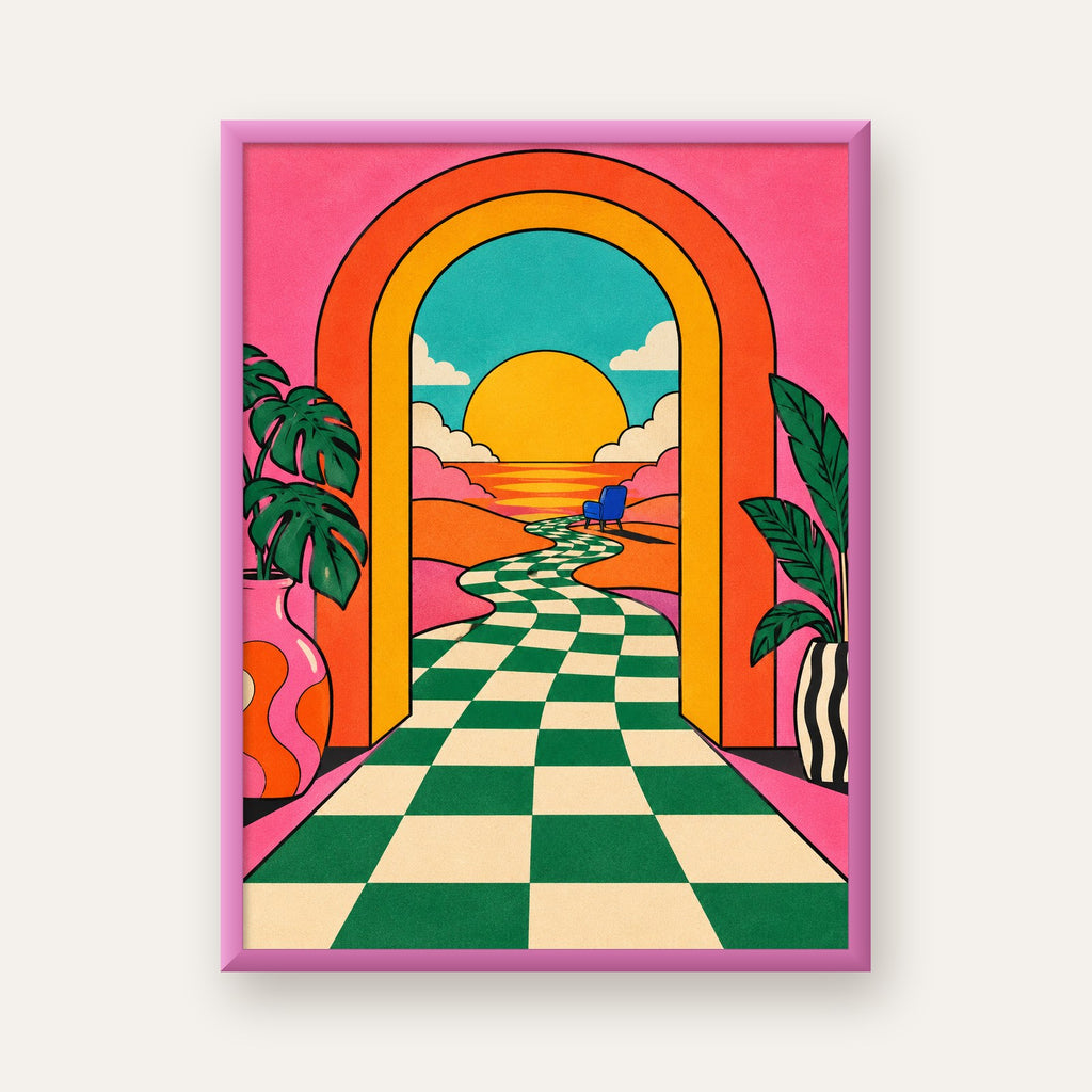 Retro Manzara ve Çizgili Yol Dijital Poster - Renkli Dekor — pembe çerçeveli